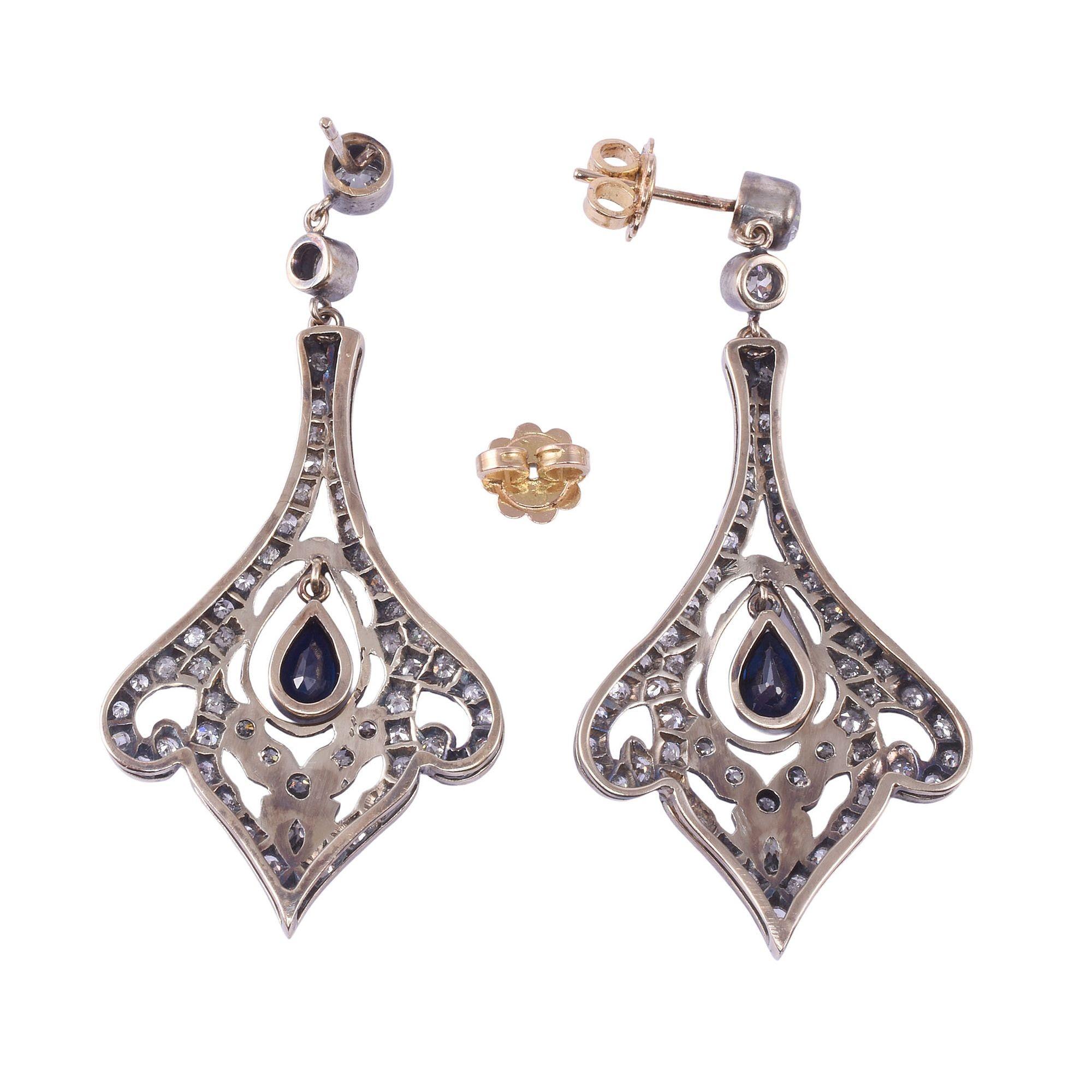 Pear Cut Victorian Pear Sapphire & Diamond Dangle Earrings For Sale