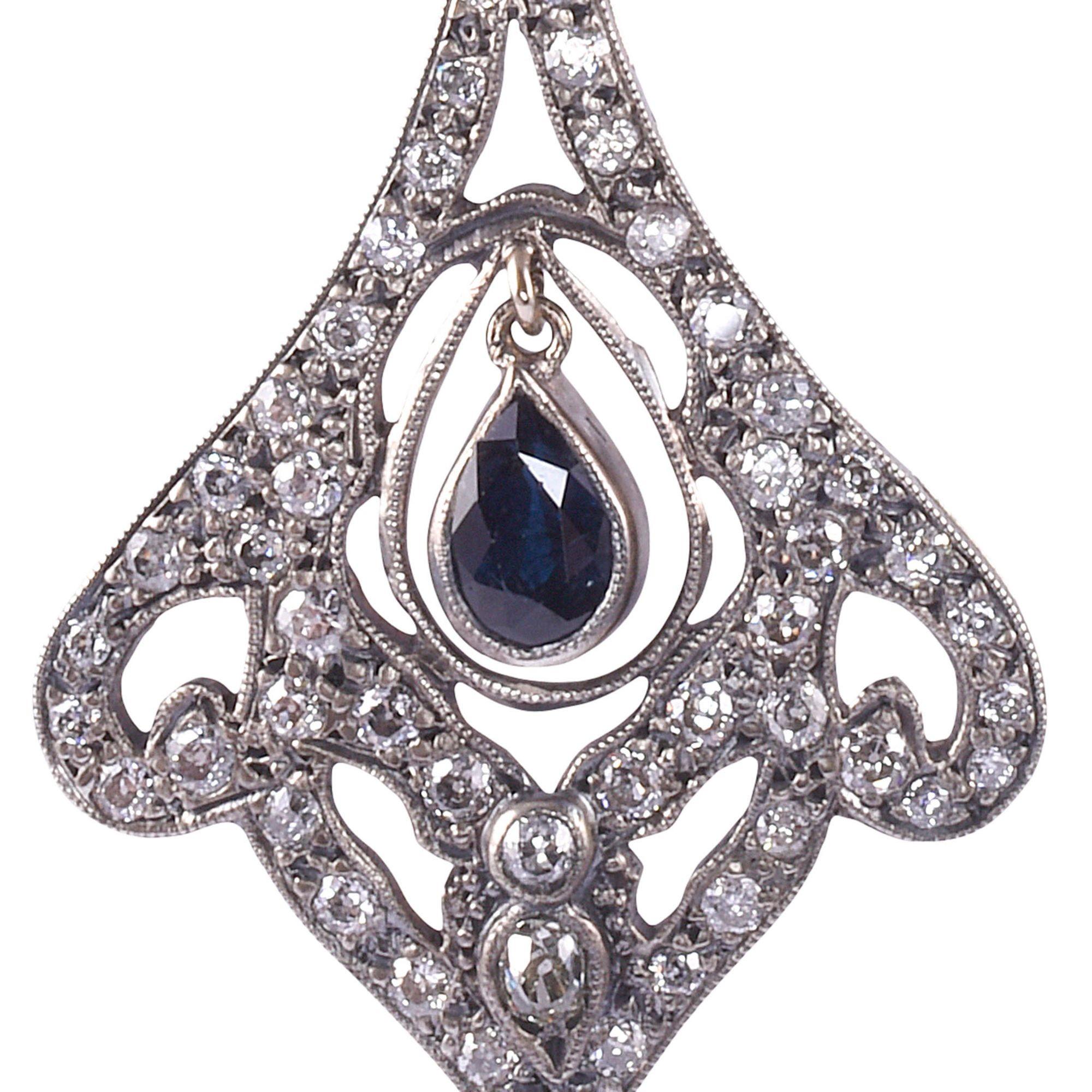 Women's Victorian Pear Sapphire & Diamond Dangle Earrings For Sale