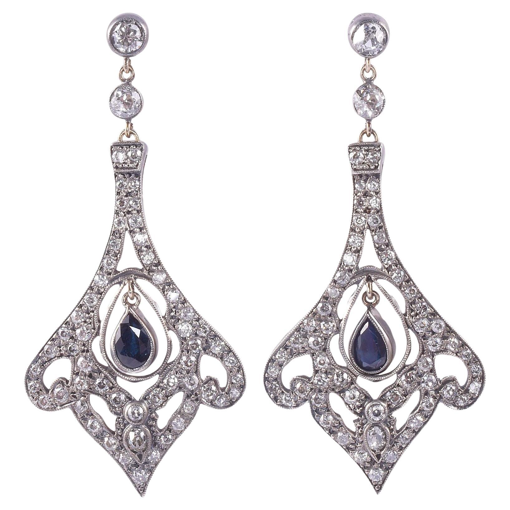 Victorian Pear Sapphire & Diamond Dangle Earrings For Sale