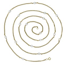 Victorian Pearl 14 Karat Gold Long Chain Station Necklace