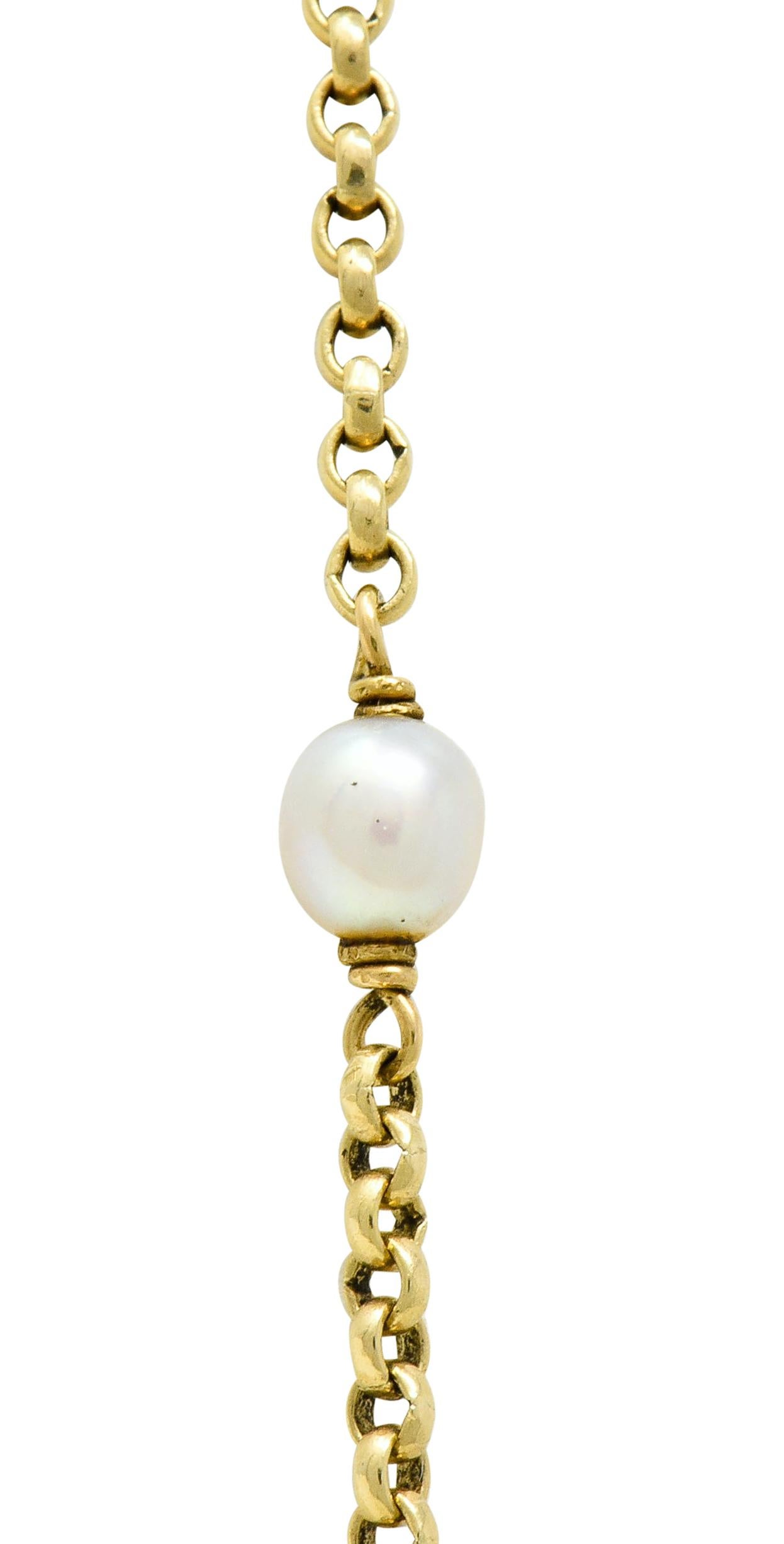 Women's or Men's Victorian Pearl 14 Karat Gold Long Chain Station Necklace