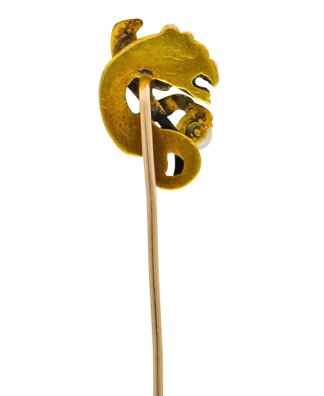 Victorian Pearl 14 Karat Gold Gargoyle Stickpin In Excellent Condition In Philadelphia, PA
