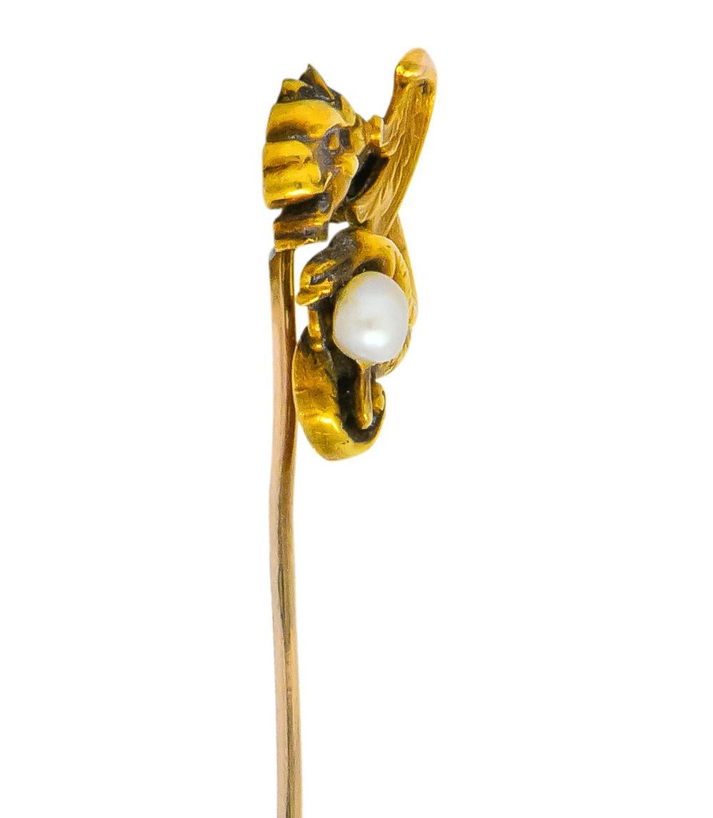 Women's or Men's Victorian Pearl 14 Karat Gold Gargoyle Stickpin