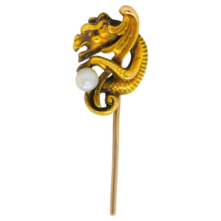 Victorian Pearl 14 Karat Gold Gargoyle Stickpin For Sale