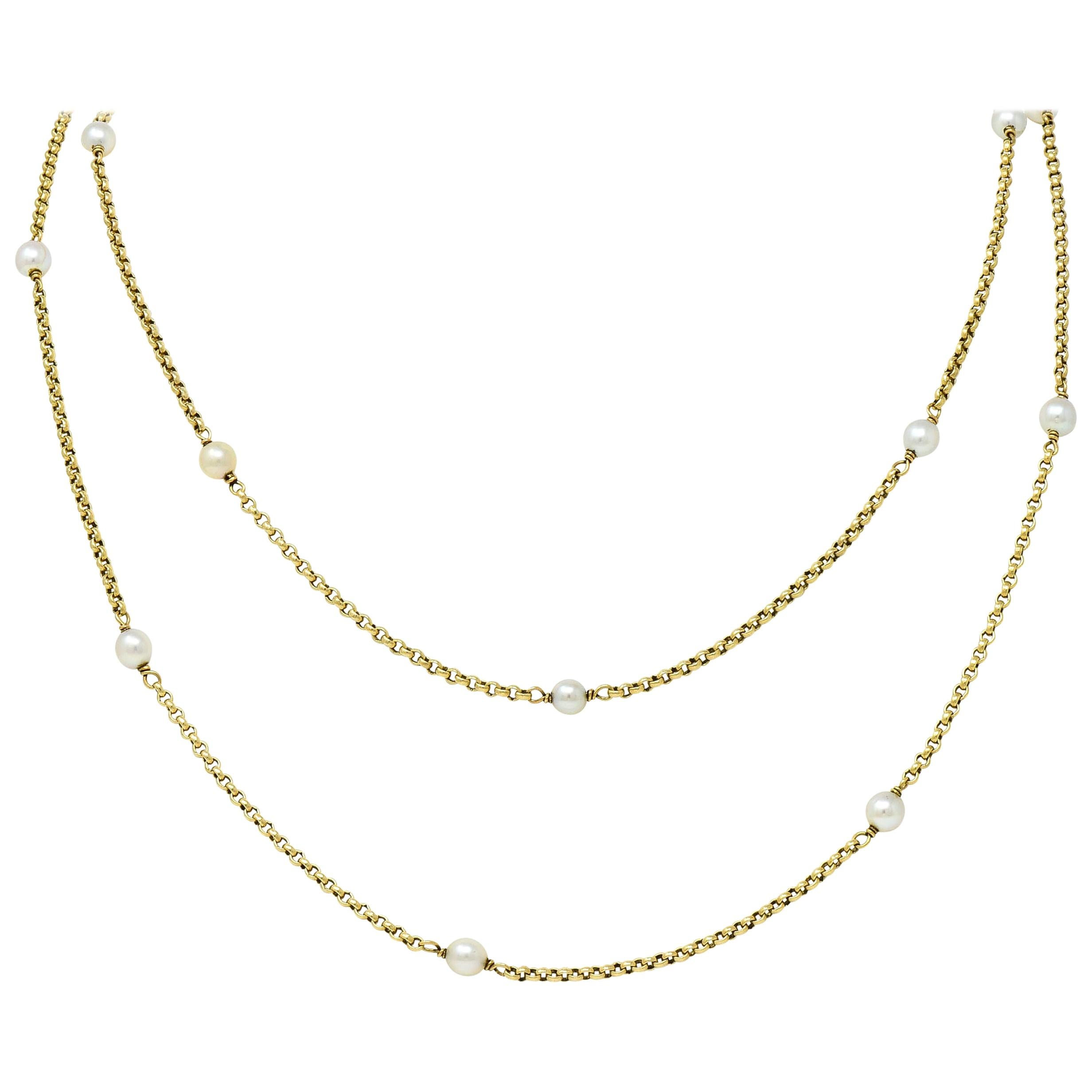 Victorian Pearl 14 Karat Gold Long Chain Station Necklace