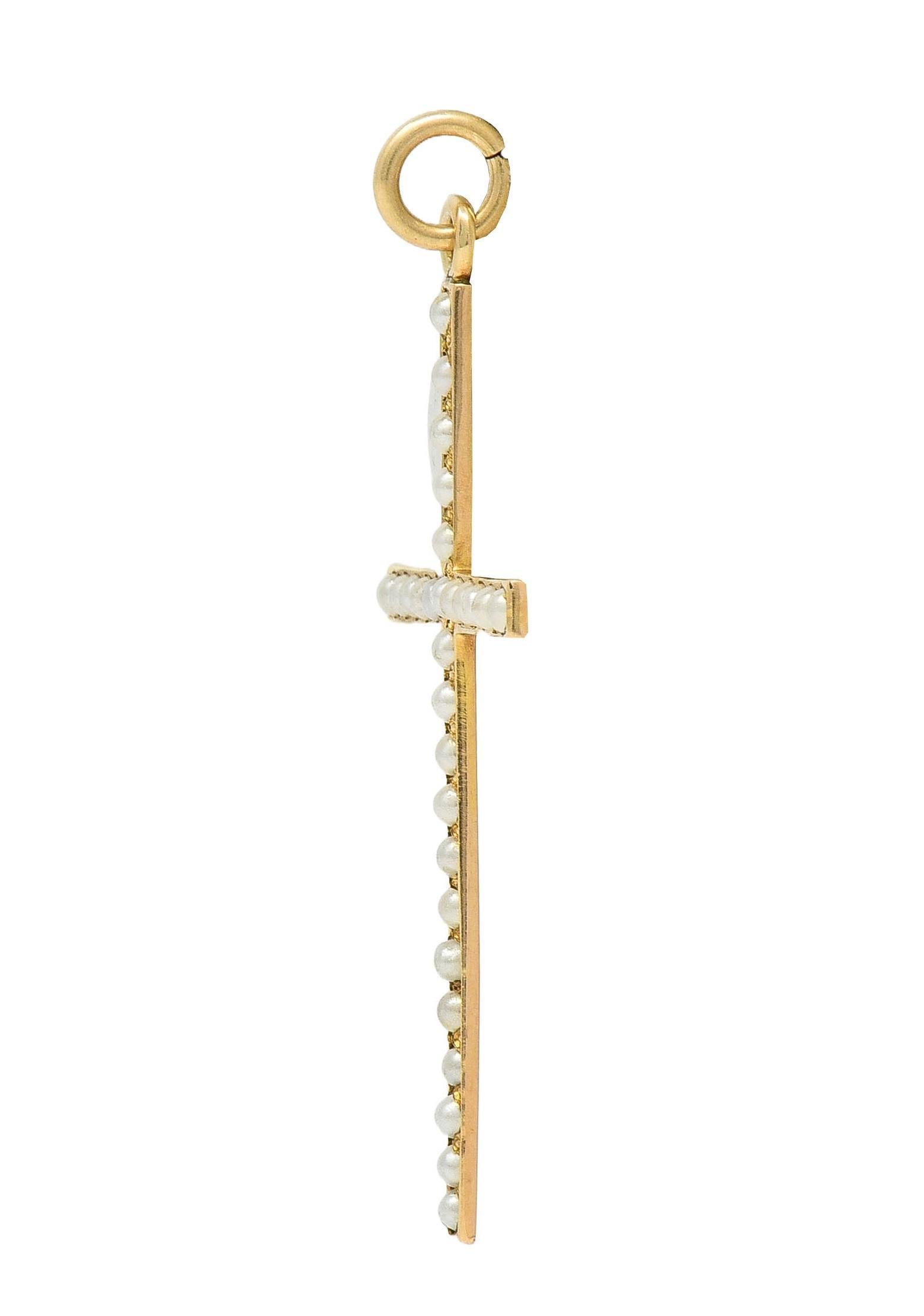 Victorian Pearl 14 Karat Yellow Gold Antique Cross Pendant In Excellent Condition In Philadelphia, PA