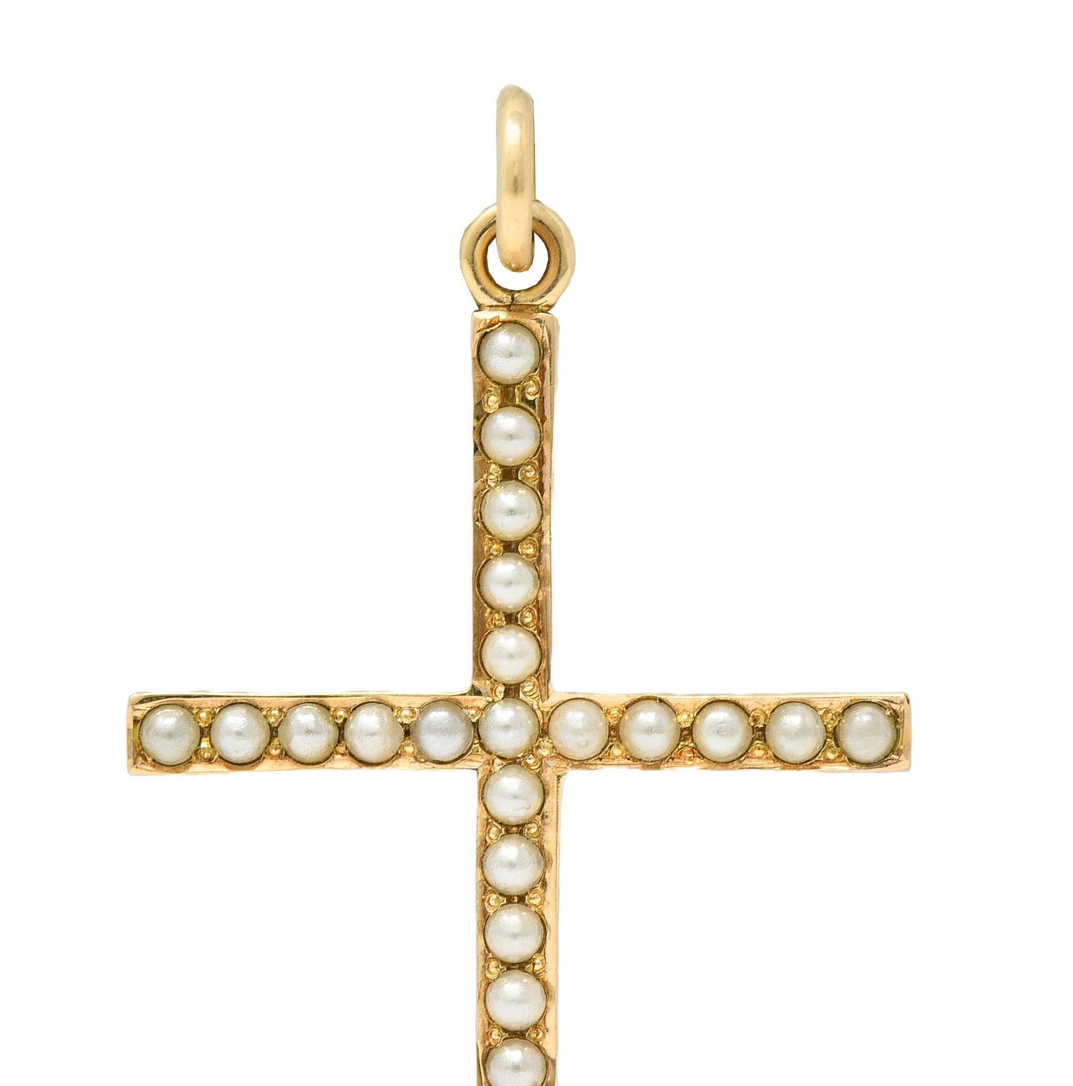 Women's or Men's Victorian Pearl 14 Karat Yellow Gold Antique Cross Pendant
