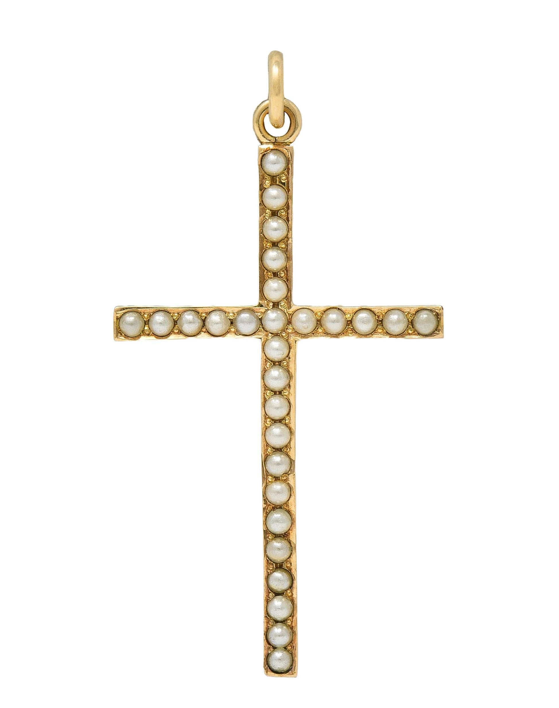Victorian Pearl 14 Karat Yellow Gold Antique Cross Pendant 3