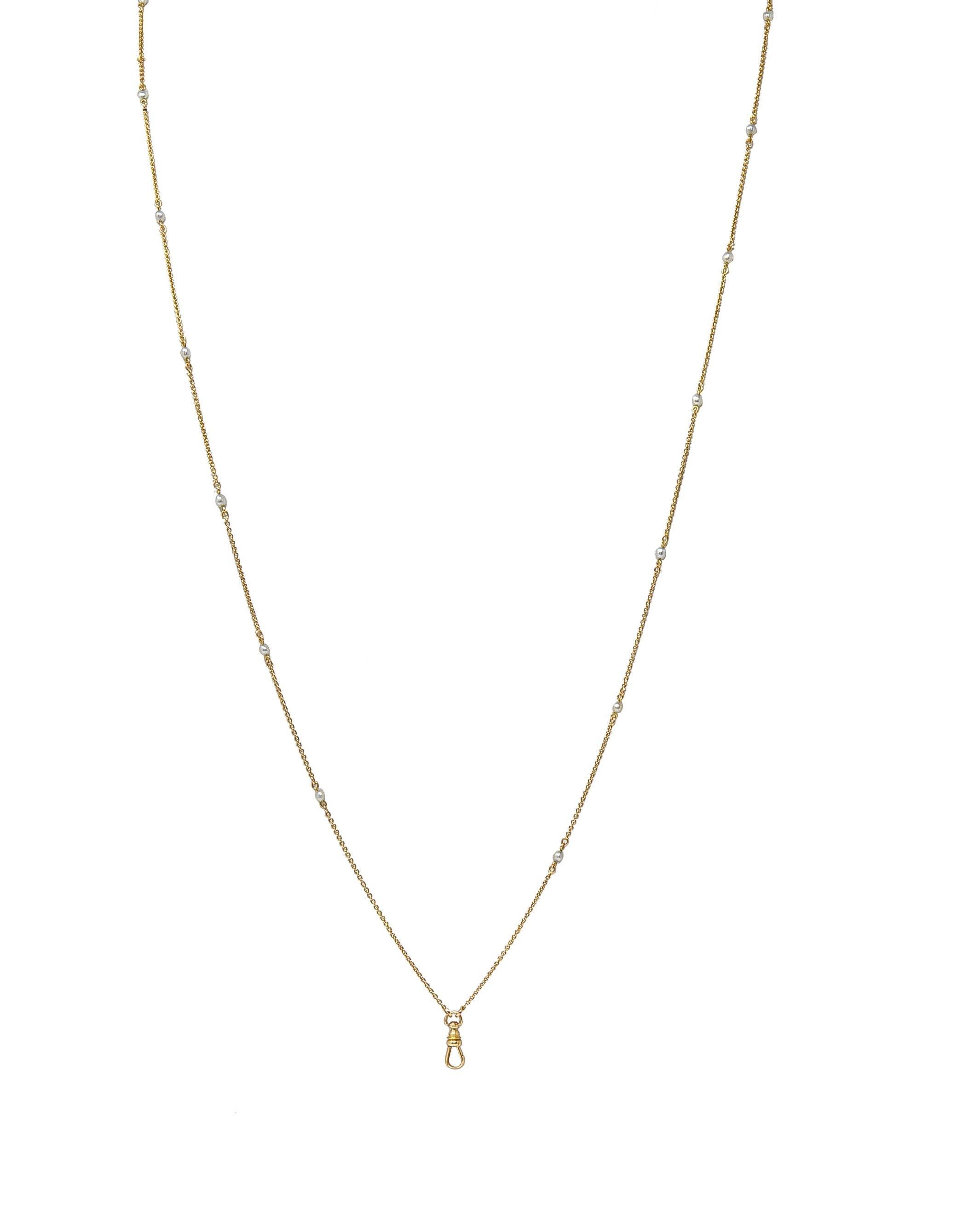 Victorian Pearl 14 Karat Yellow Gold Antique Station Fob Chain Necklace For Sale 6