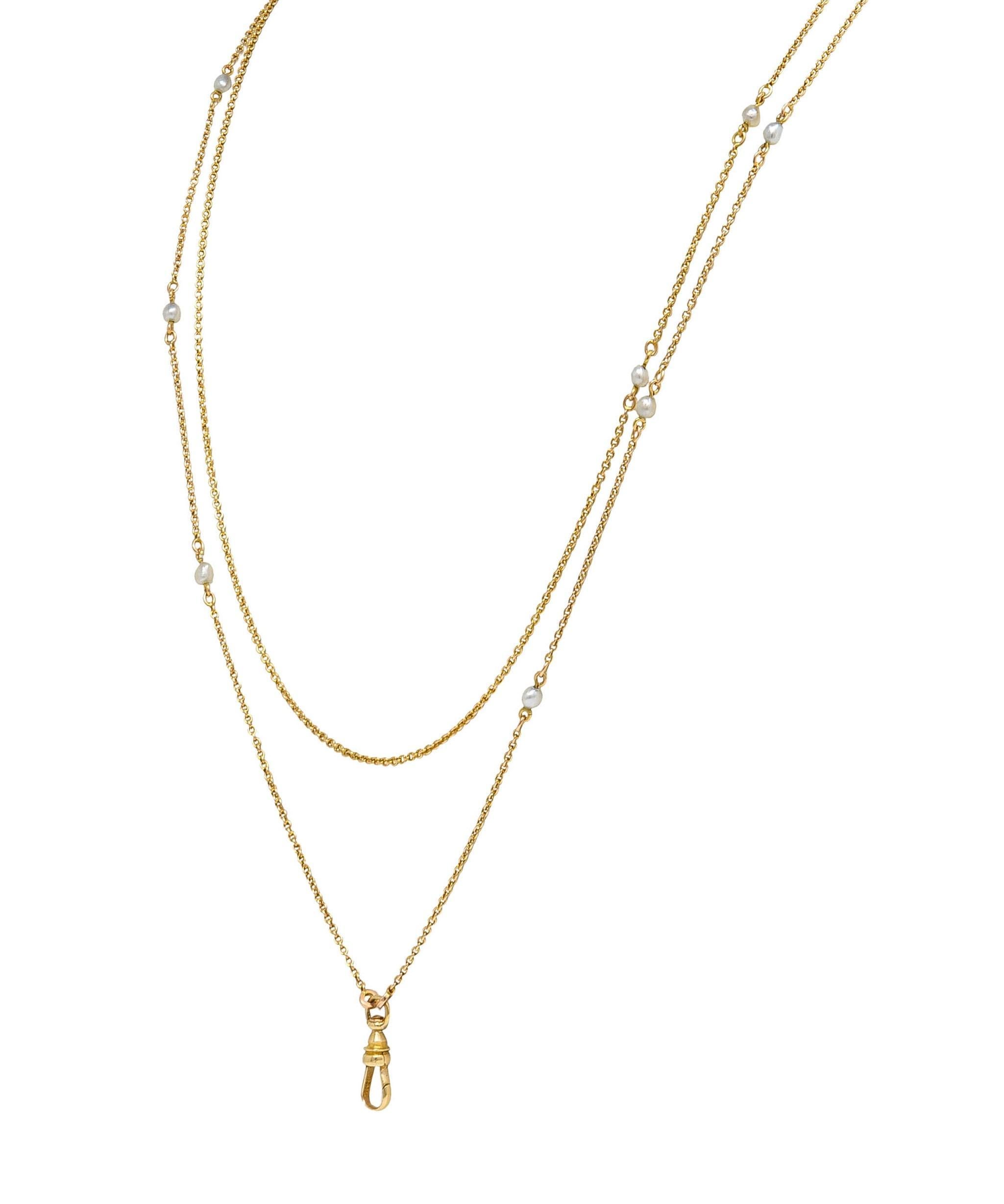 Victorian Pearl 14 Karat Yellow Gold Antique Station Fob Chain Necklace In Excellent Condition For Sale In Philadelphia, PA