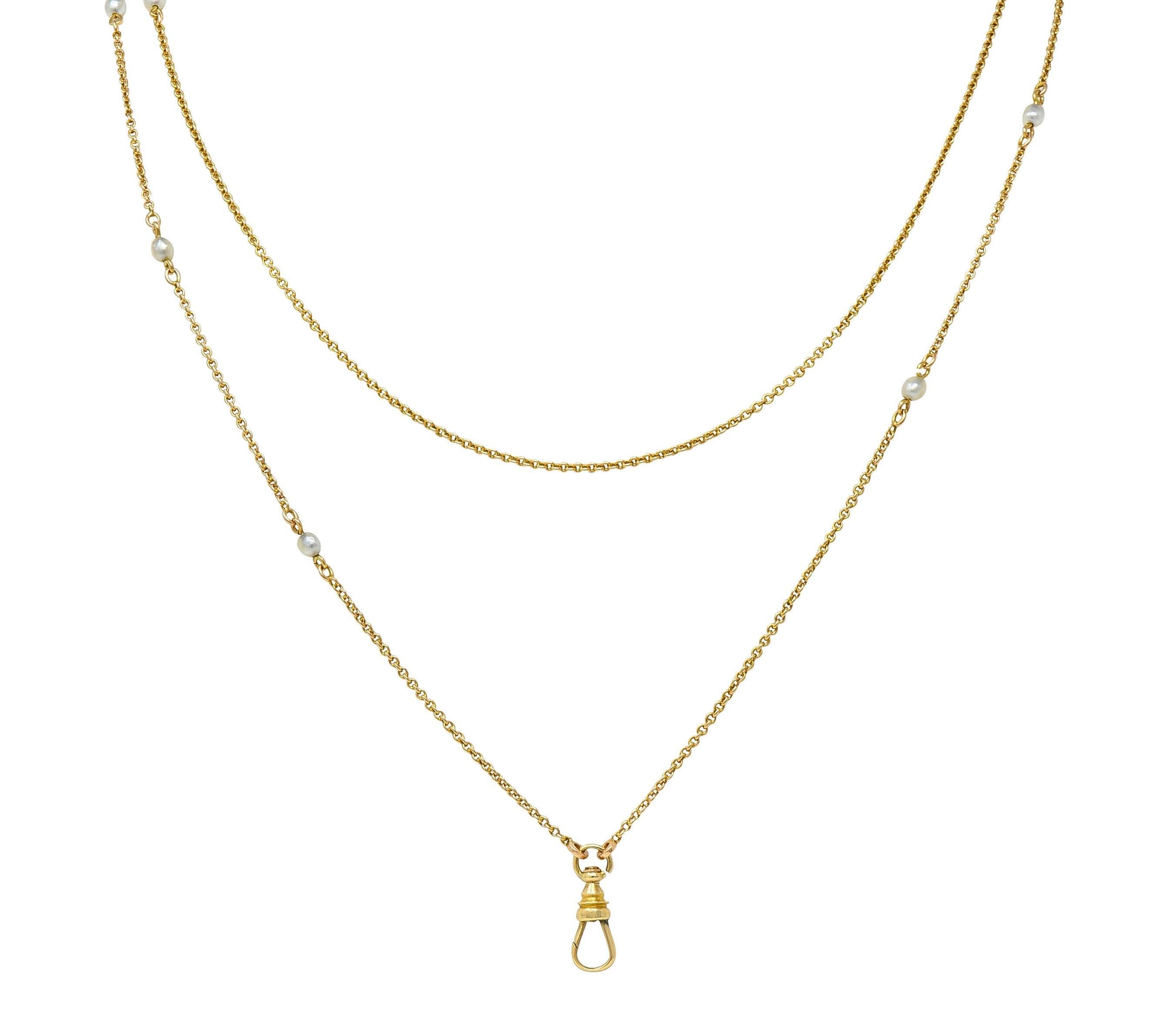 Women's or Men's Victorian Pearl 14 Karat Yellow Gold Antique Station Fob Chain Necklace For Sale