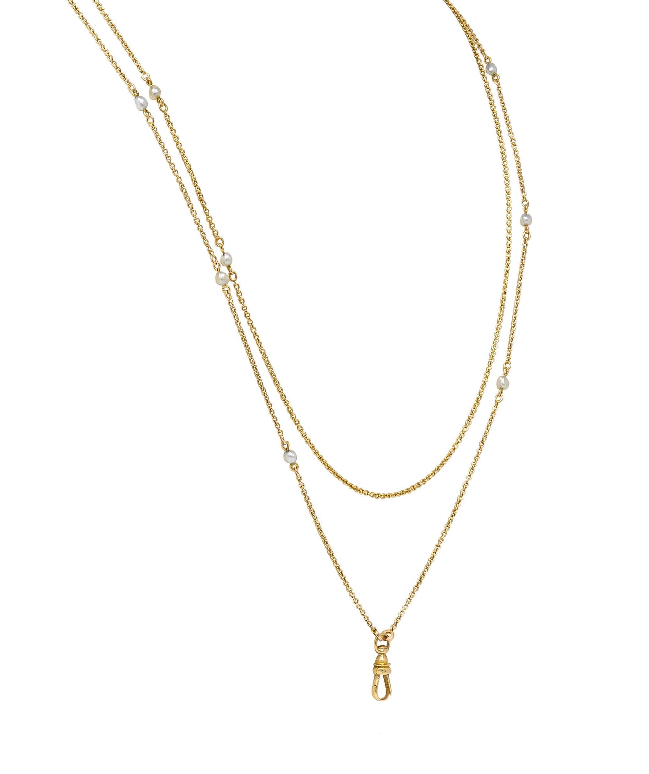 Victorian Pearl 14 Karat Yellow Gold Antique Station Fob Chain Necklace For Sale 1