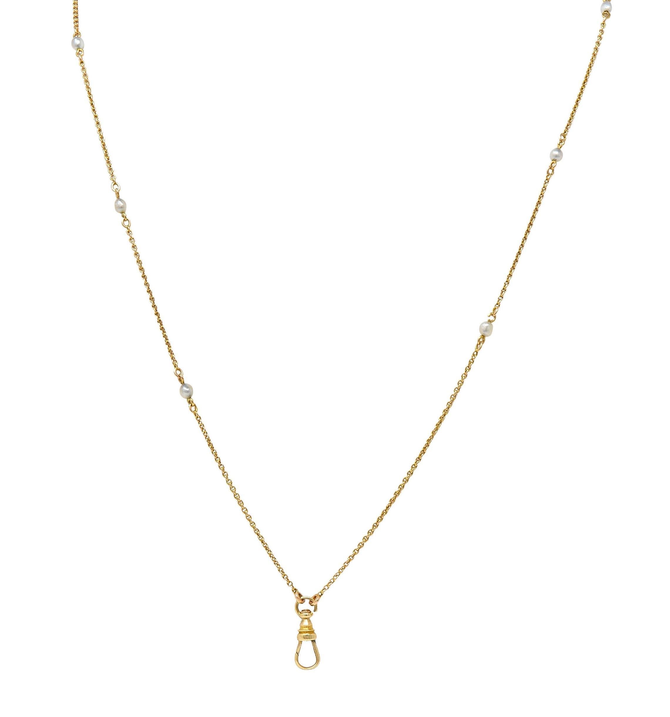 Victorian Pearl 14 Karat Yellow Gold Antique Station Fob Chain Necklace For Sale 2