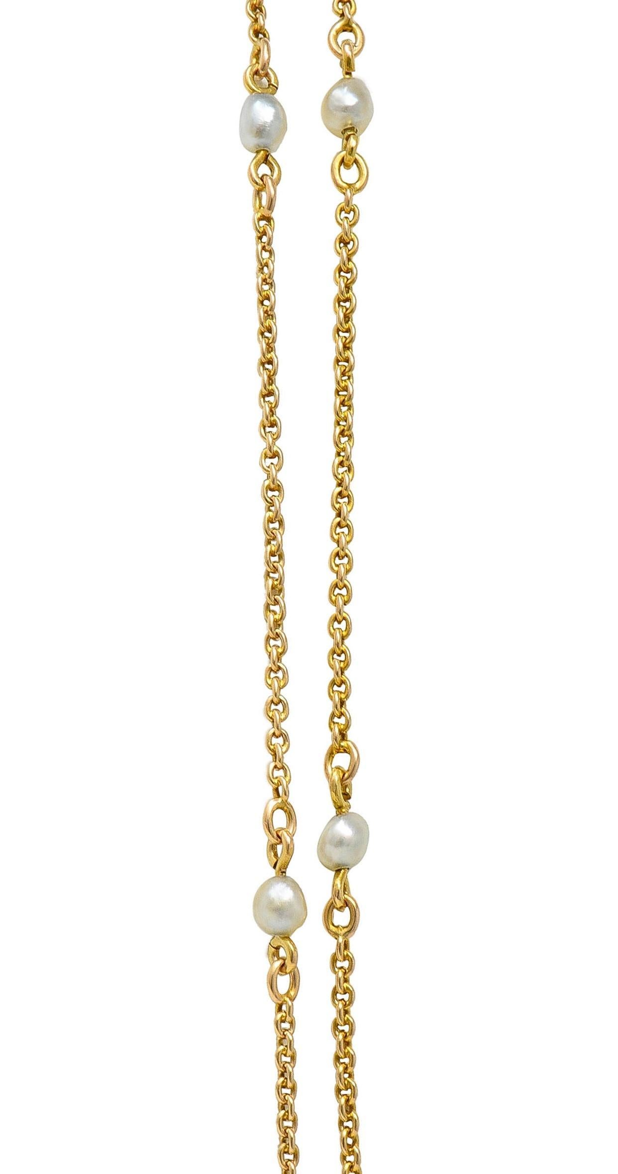 Victorian Pearl 14 Karat Yellow Gold Antique Station Fob Chain Necklace For Sale 4