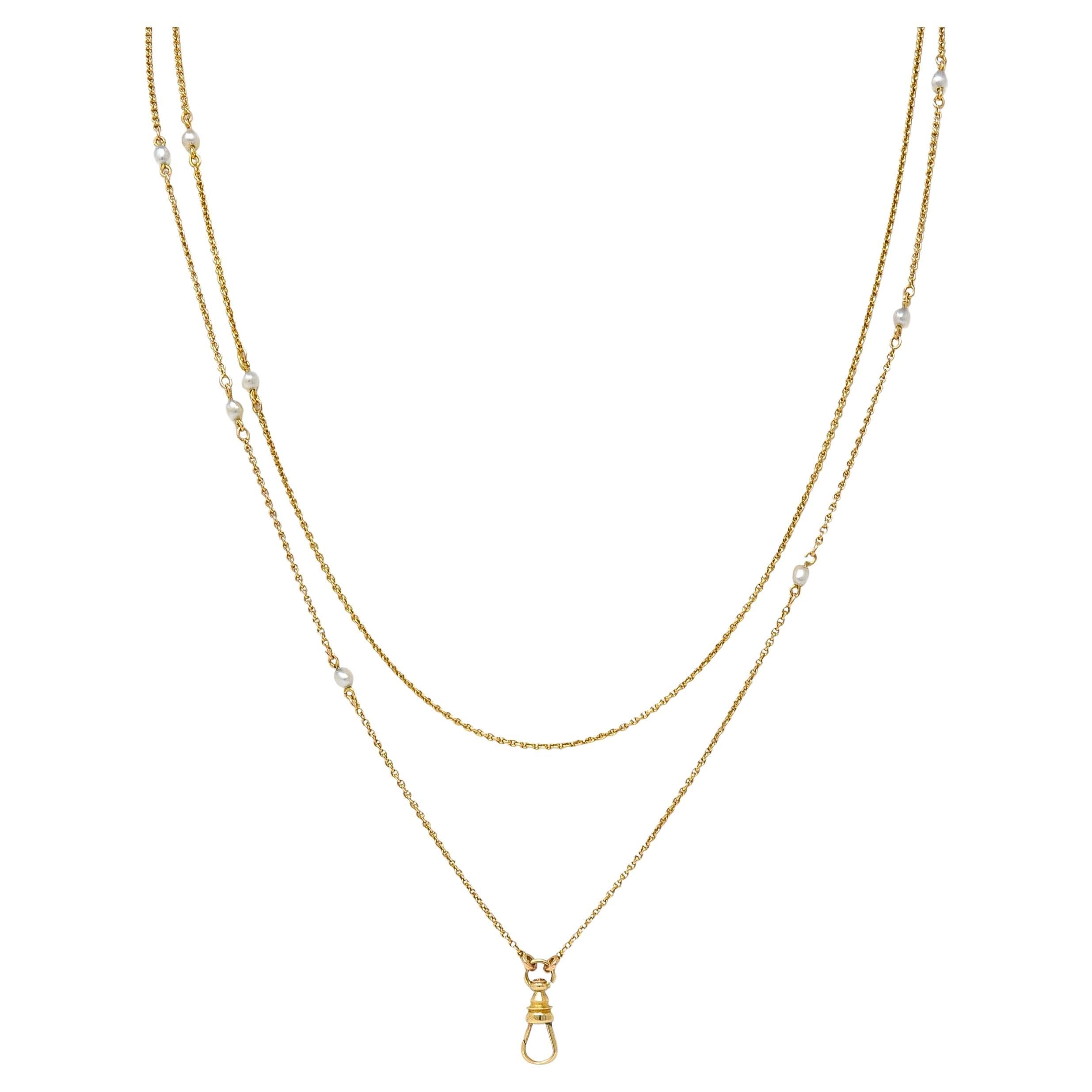 Victorian Pearl 14 Karat Yellow Gold Antique Station Fob Chain Necklace