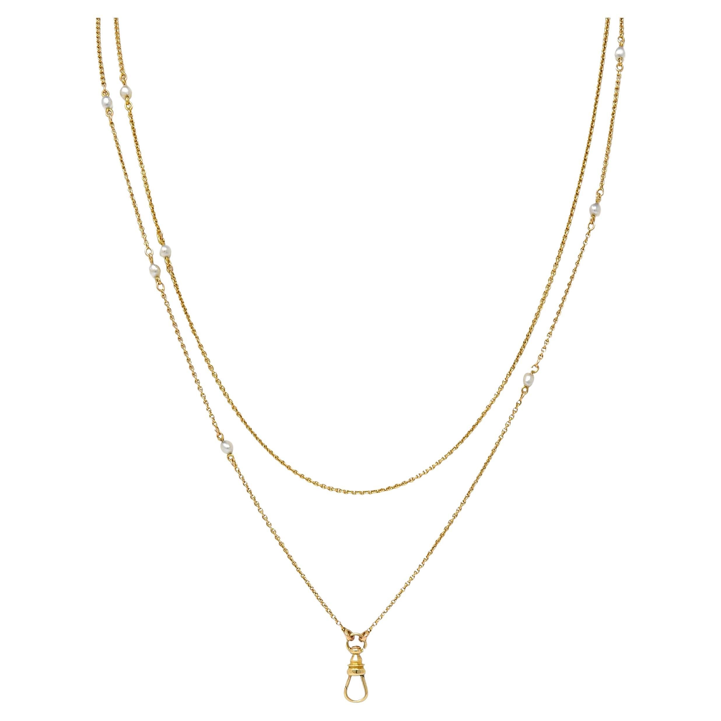 Collar de perlas victorianas de oro amarillo de 14 quilates con cadena de leontina antigua en venta