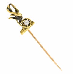 Victorian Pearl 14 Karat Yellow Gold Snake in a Tree Antique Unisex Stickpin