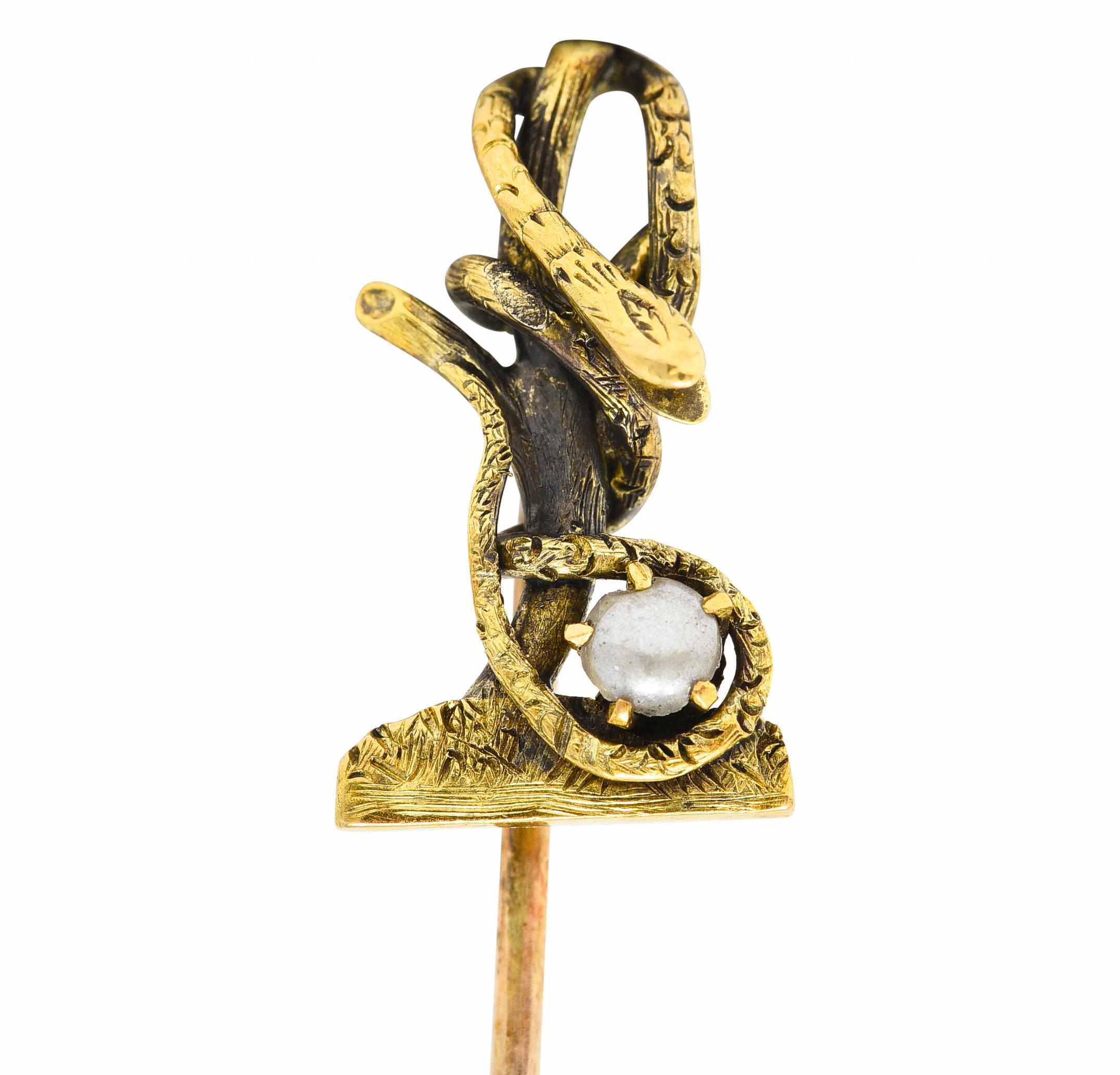 Uncut Victorian Pearl 14 Karat Yellow Gold Snake in a Tree Antique Unisex Stickpin For Sale