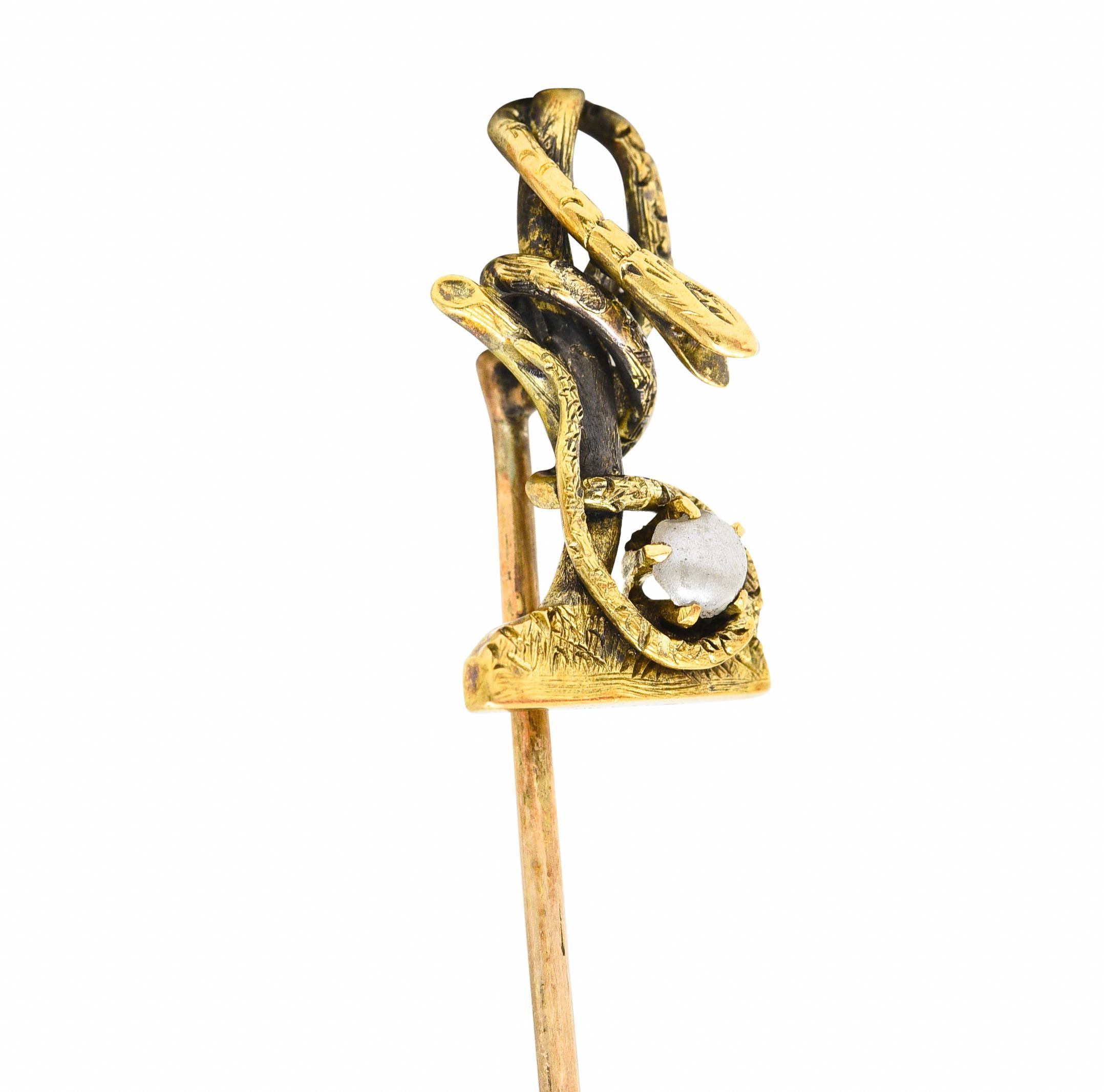 Victorian Pearl 14 Karat Yellow Gold Snake in a Tree Antique Unisex Stickpin For Sale 1
