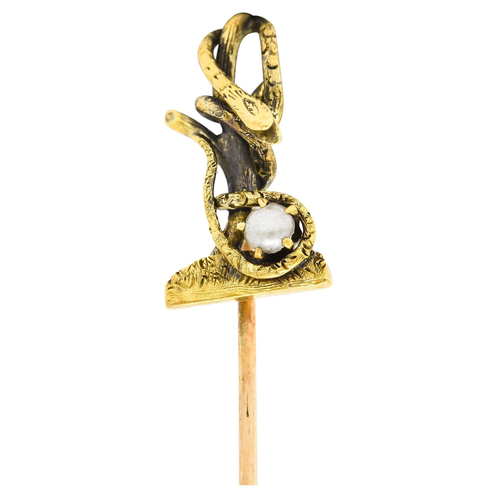 Victorian Pearl 14 Karat Yellow Gold Snake in a Tree Antique Unisex Stickpin For Sale