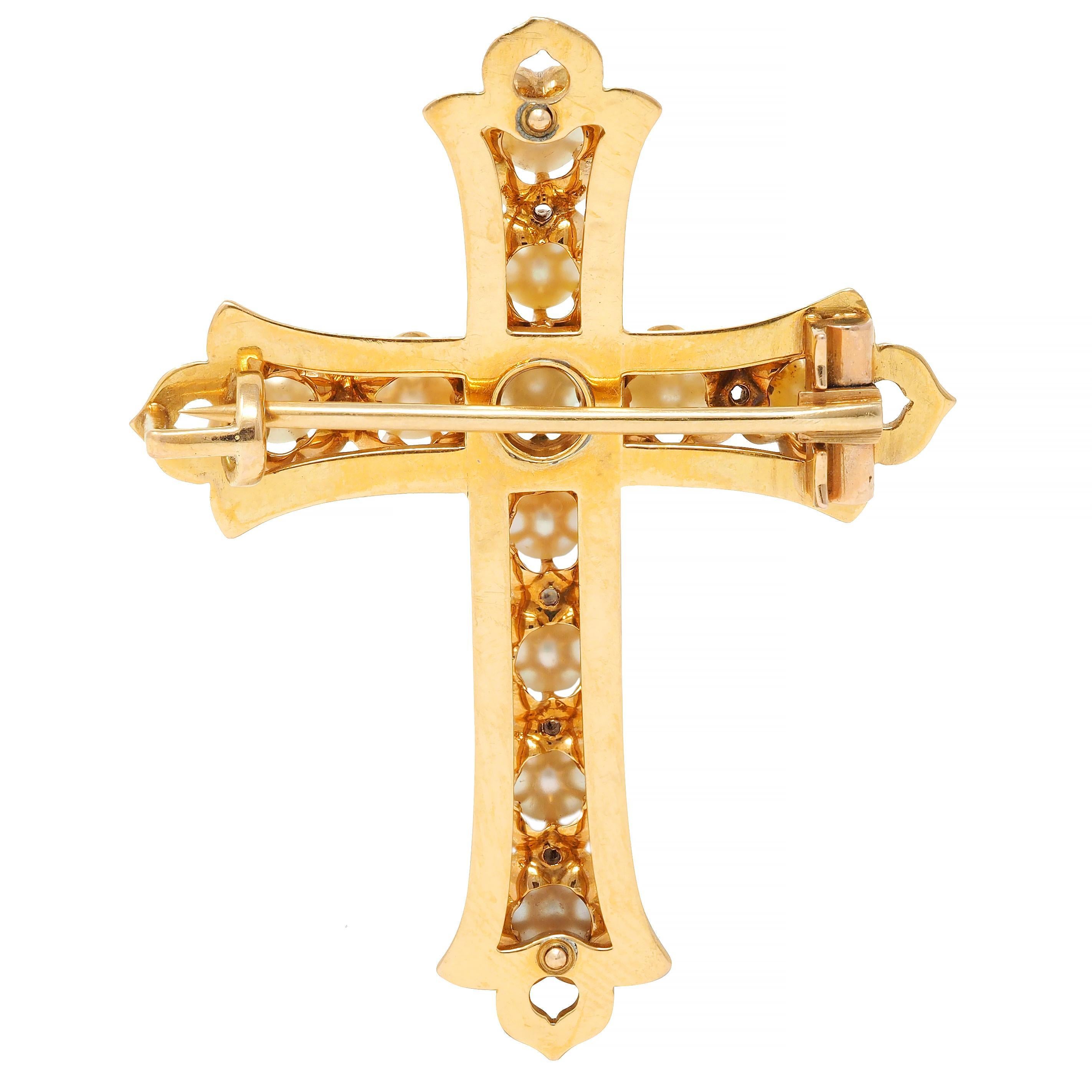 Round Cut Victorian Pearl 18 Karat Yellow Gold Belcher Set Antique Cross Brooch For Sale
