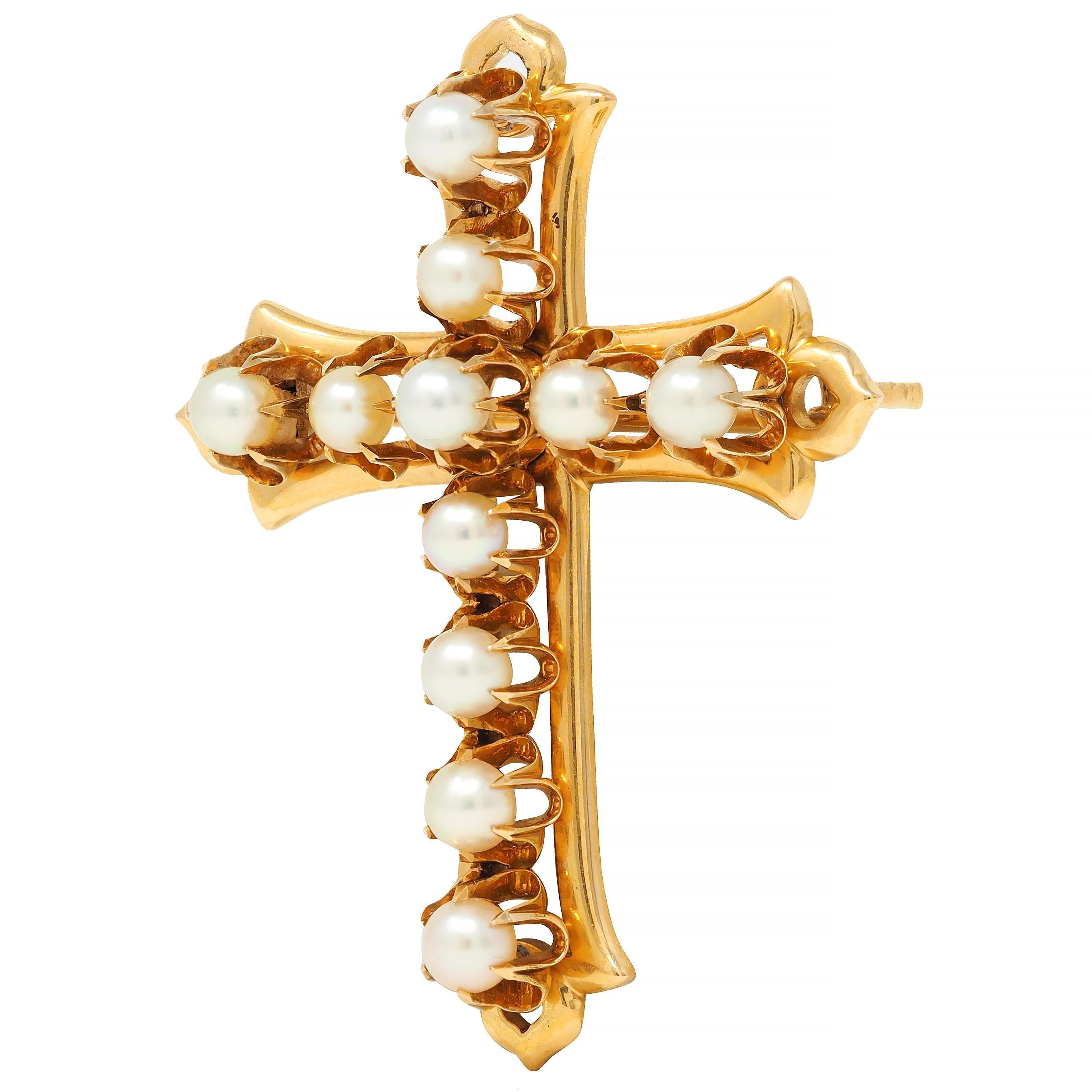Victorian Pearl 18 Karat Yellow Gold Belcher Set Antique Cross Brooch In Excellent Condition For Sale In Philadelphia, PA
