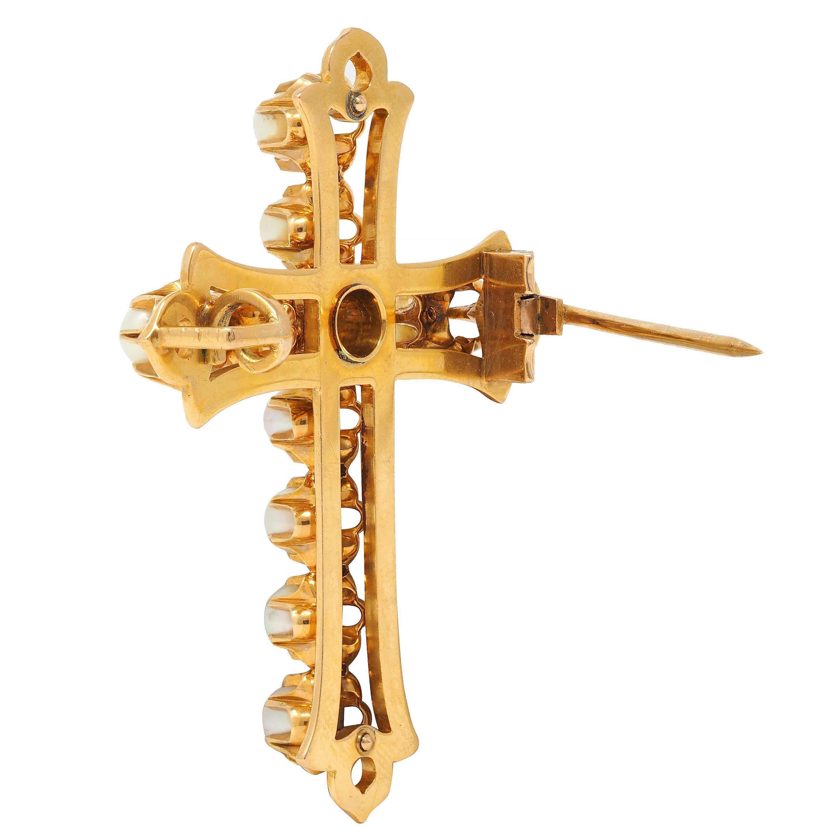 Women's or Men's Victorian Pearl 18 Karat Yellow Gold Belcher Set Antique Cross Brooch For Sale