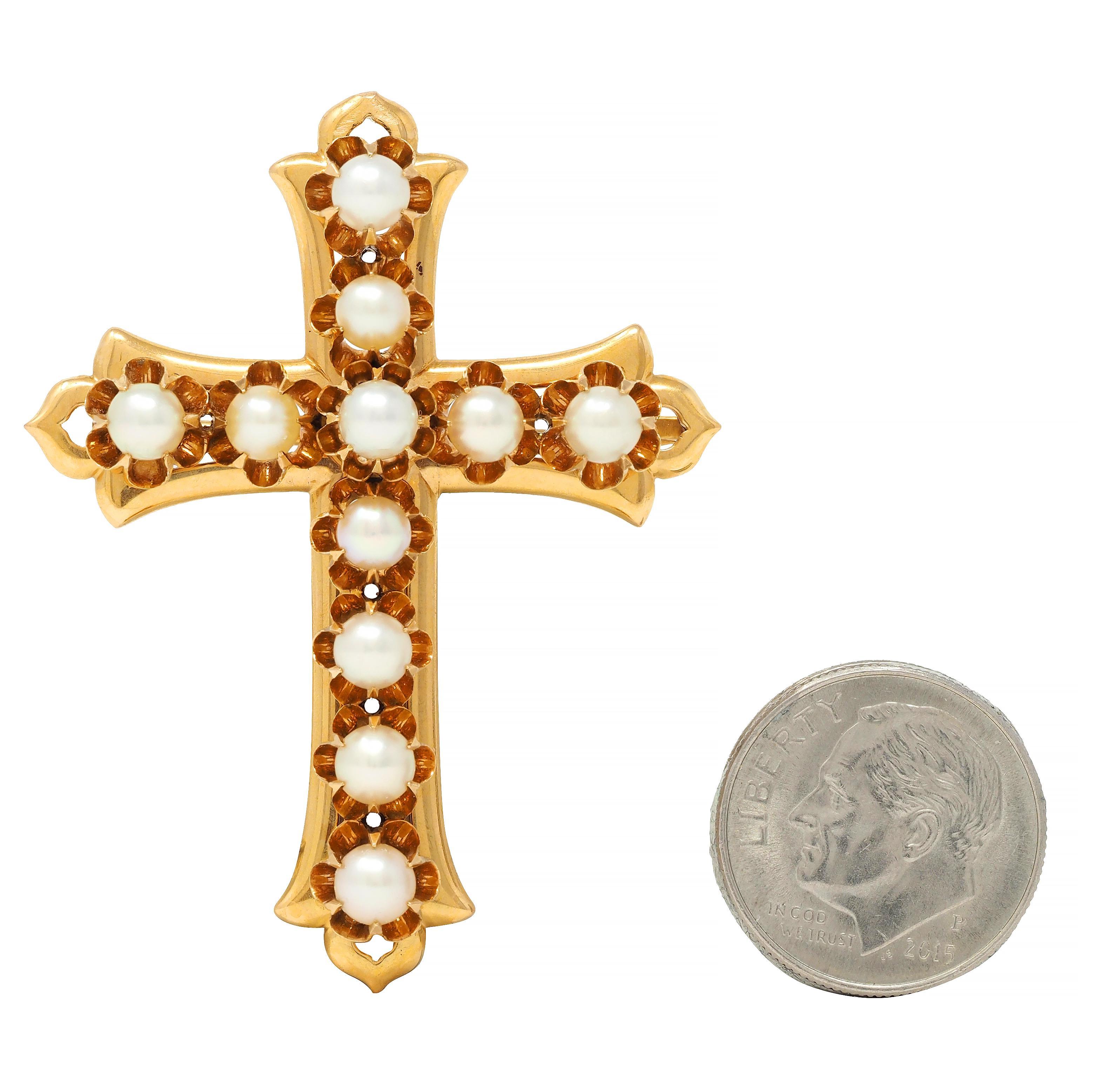 Victorian Pearl 18 Karat Yellow Gold Belcher Set Antique Cross Brooch For Sale 1
