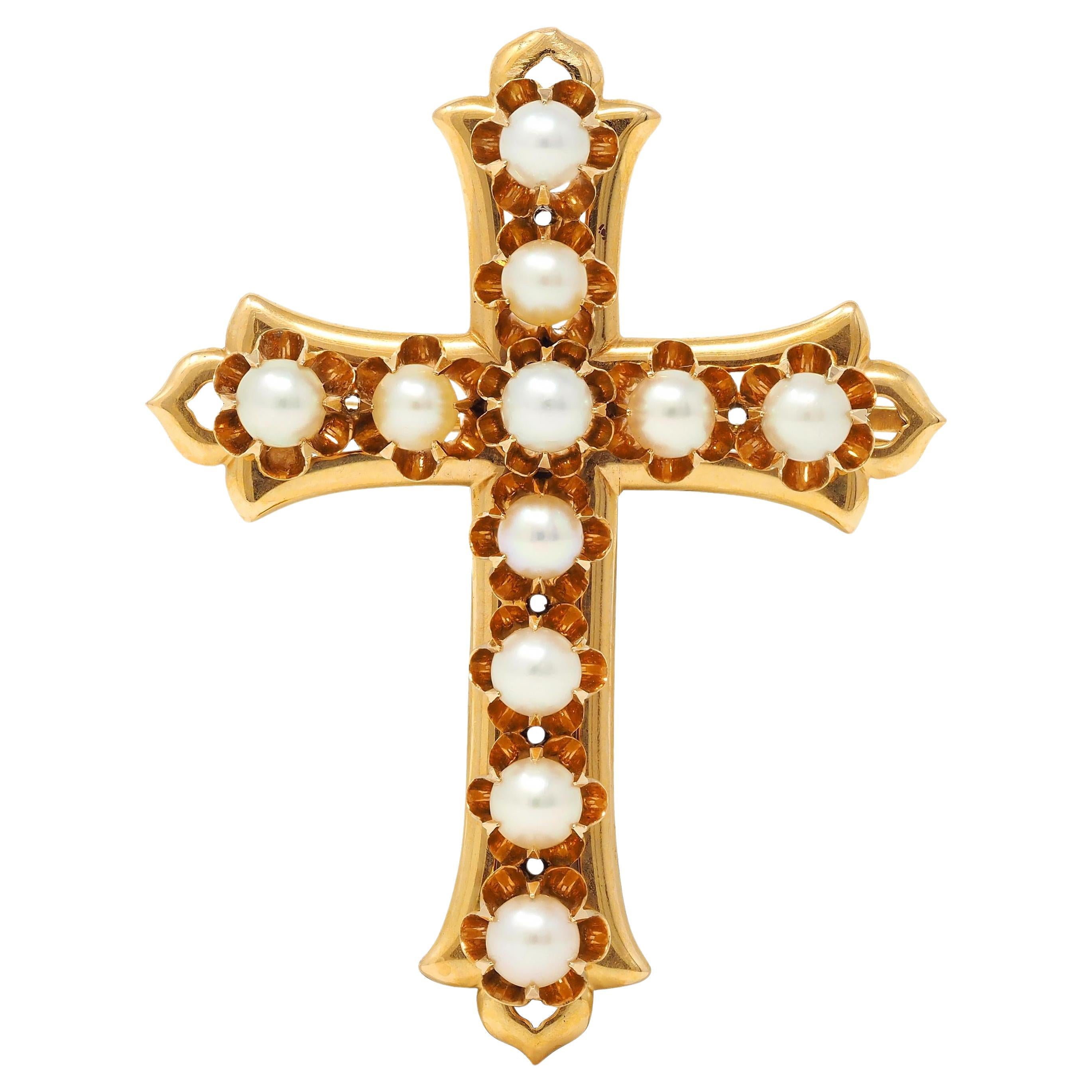 Victorian Pearl 18 Karat Yellow Gold Belcher Set Antique Cross Brooch