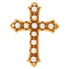 Broche croix ancienne victorienne en or jaune 18 carats sertie de perles