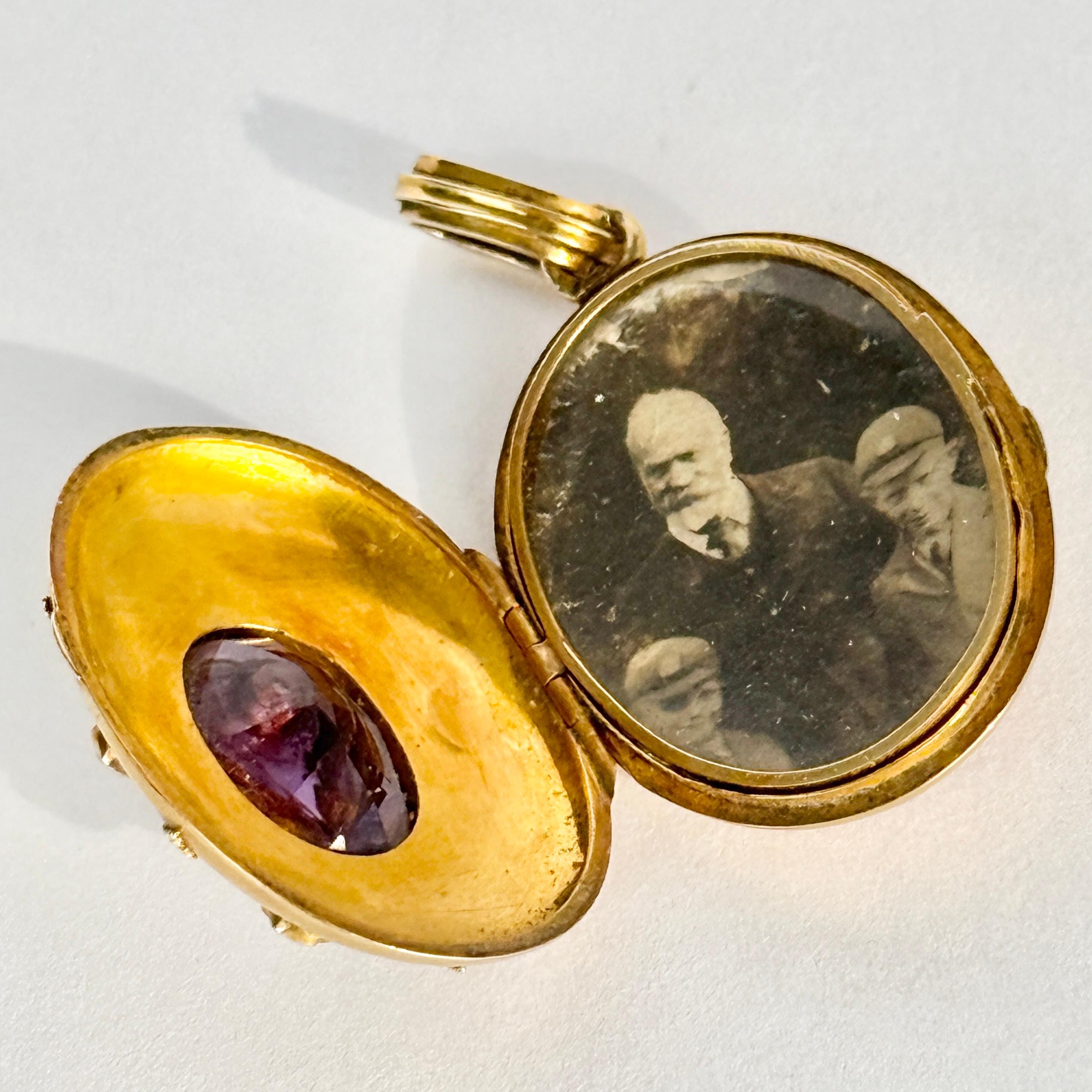 Oval Cut Victorian Pearl,  Amethyst and 18 Carat Gold Glazed Locket For Sale