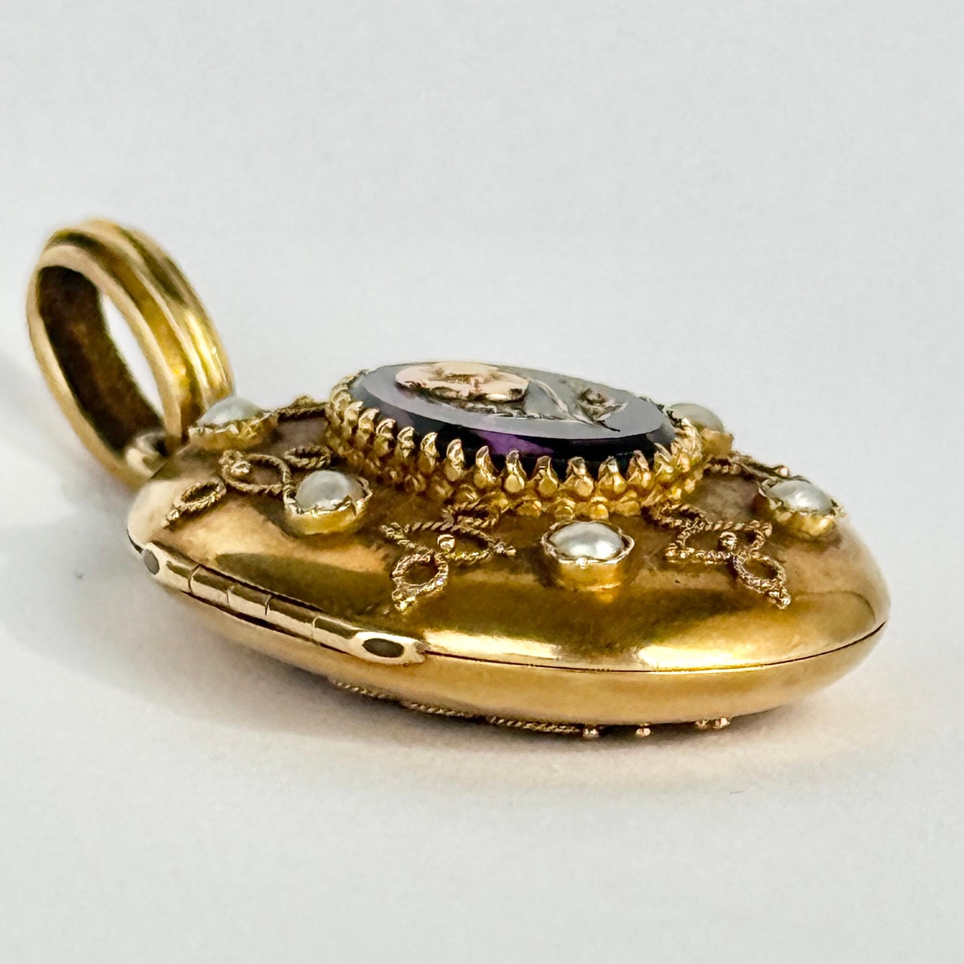 Women's or Men's Victorian Pearl,  Amethyst and 18 Carat Gold Glazed Locket For Sale