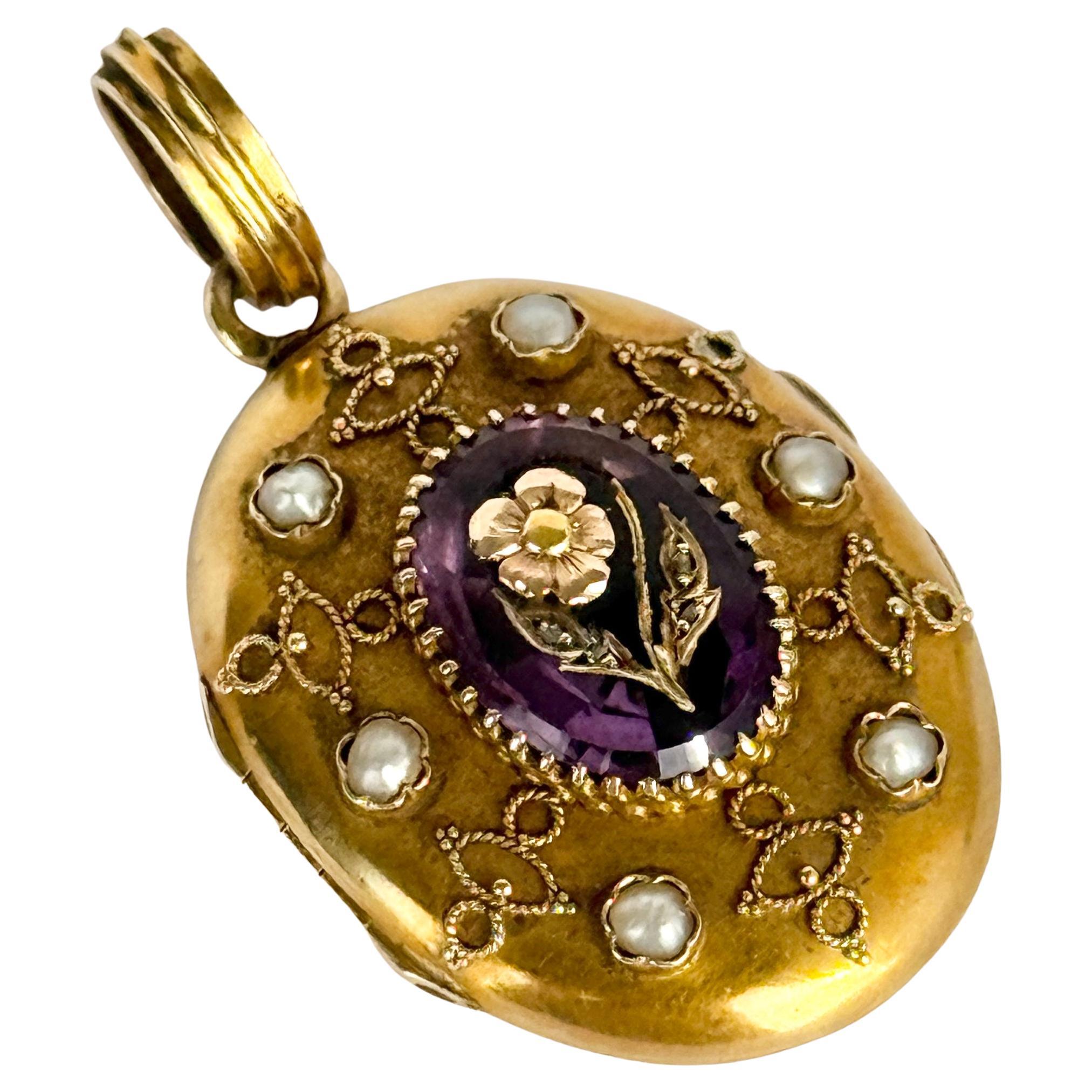 Victorian Pearl,  Amethyst and 18 Carat Gold Glazed Locket For Sale