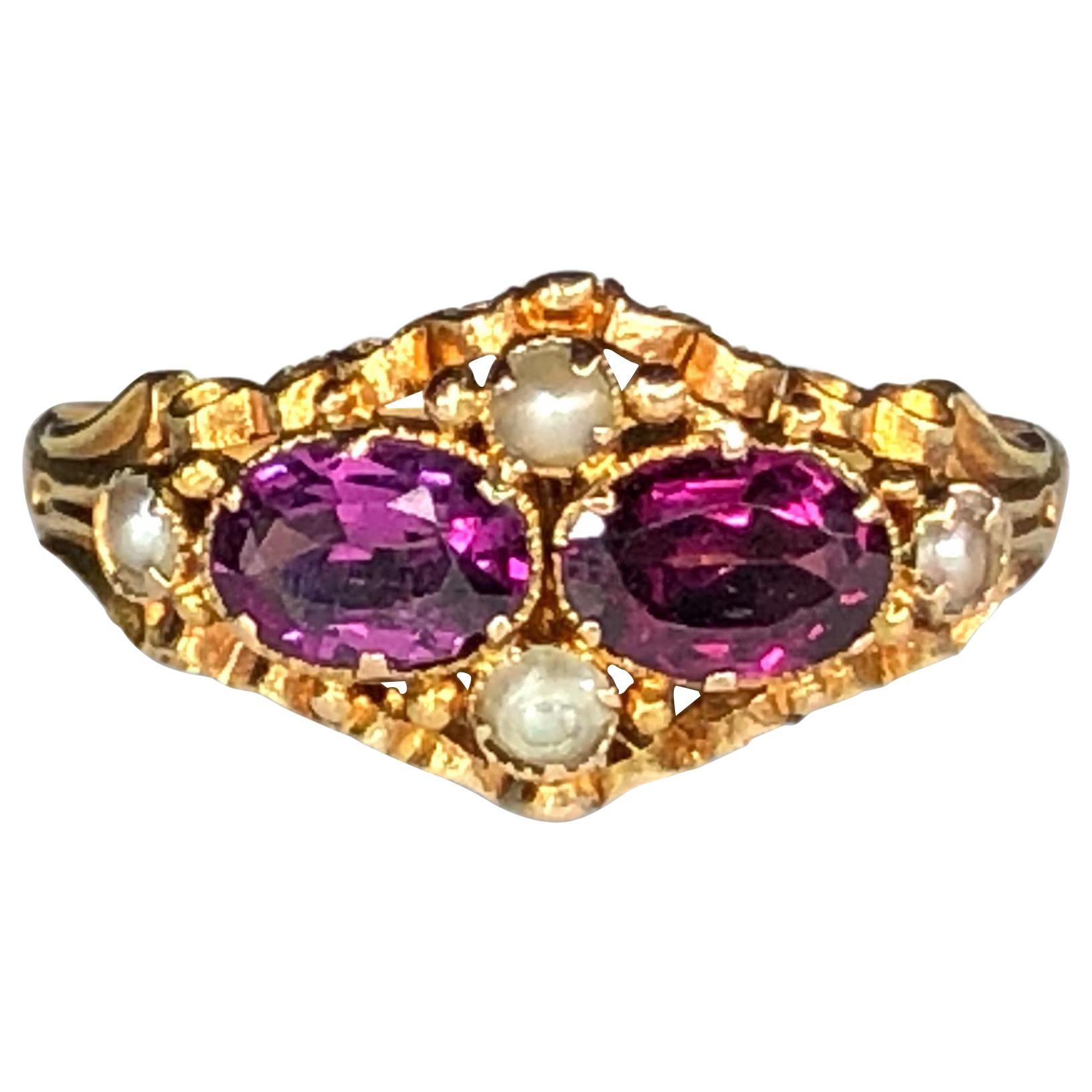 Victorian Pearl and Amethyst 15 Karat Gold Antique Ring