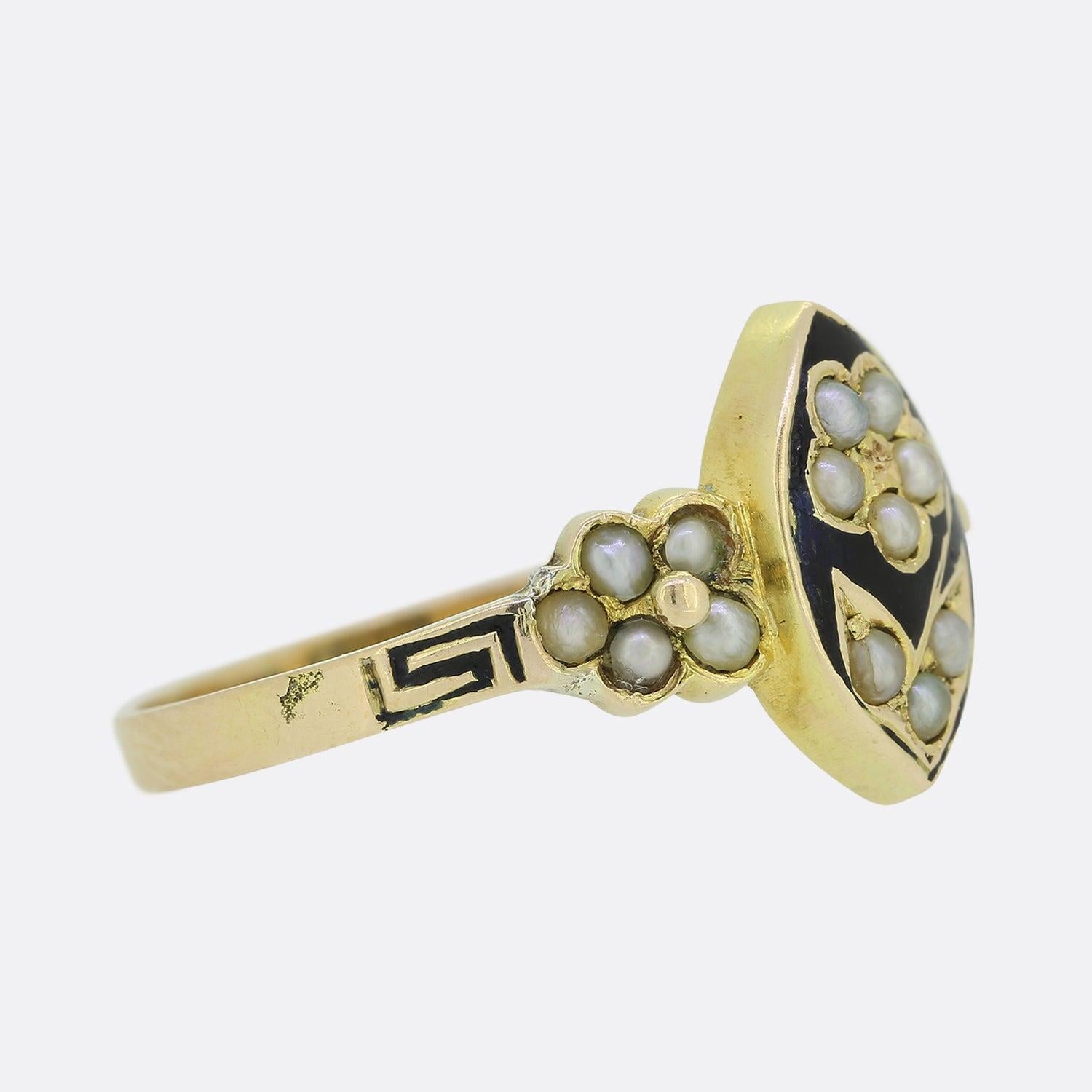 Round Cut Victorian Pearl and Black Enamel Flower Ring For Sale