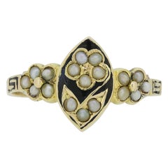 Victorian Pearl and Black Enamel Flower Ring