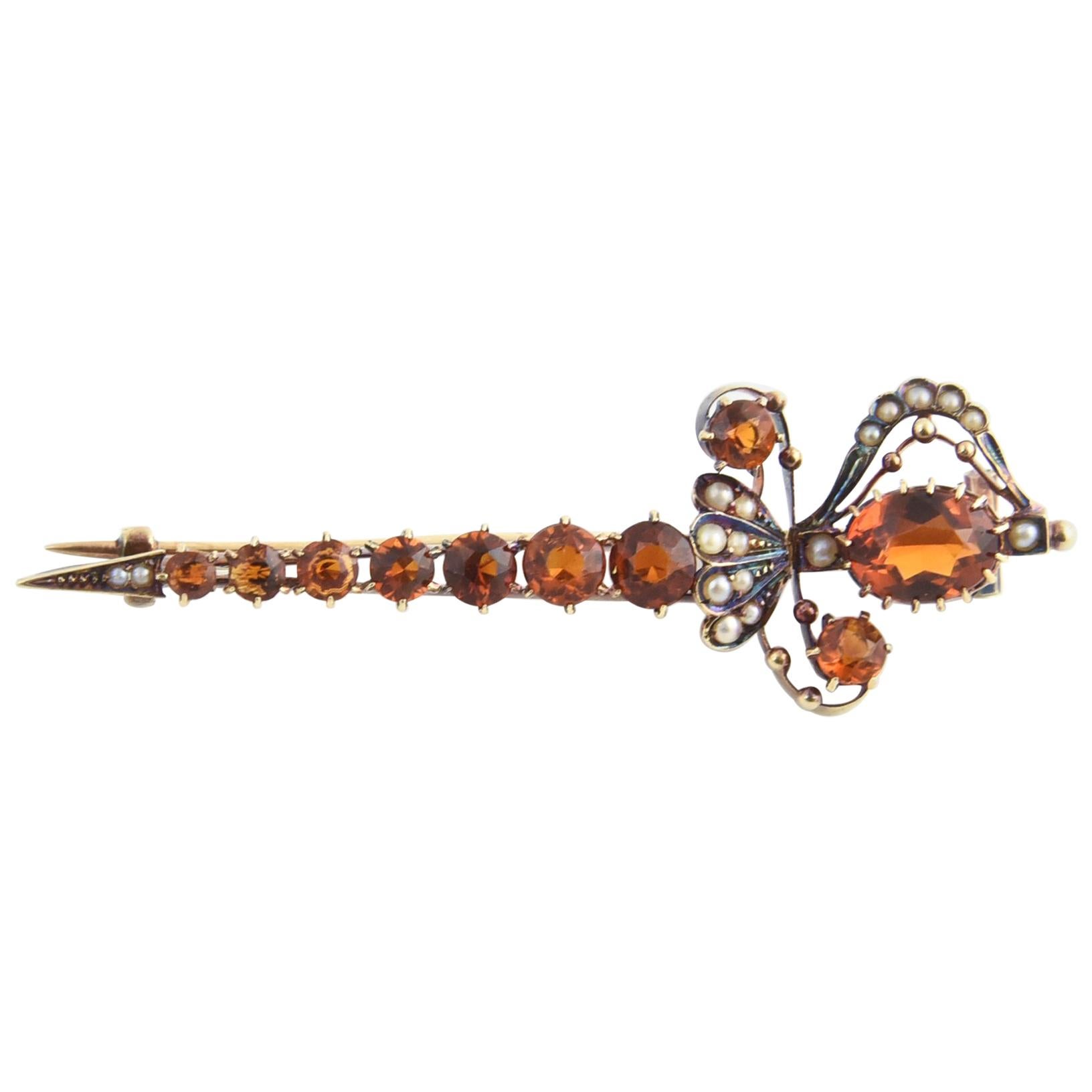 Victorian Pearl and Citrine Gold Sword Brooch