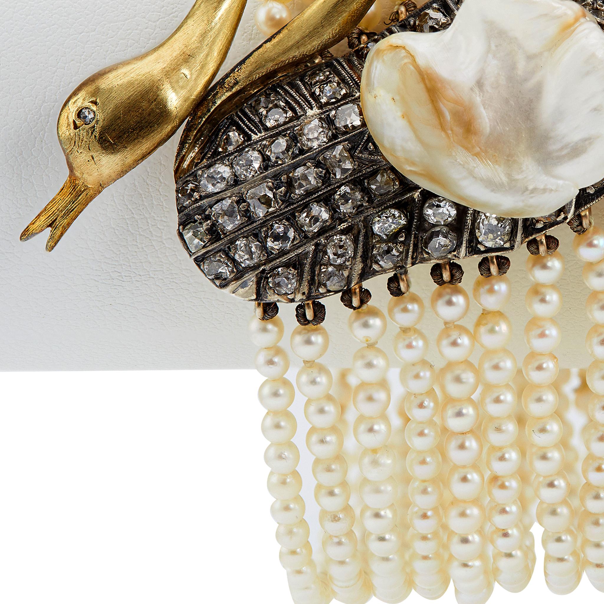 Women's or Men's Victorian Pearl and Diamond 14k Yellow Gold Silver Swan Bracelet
