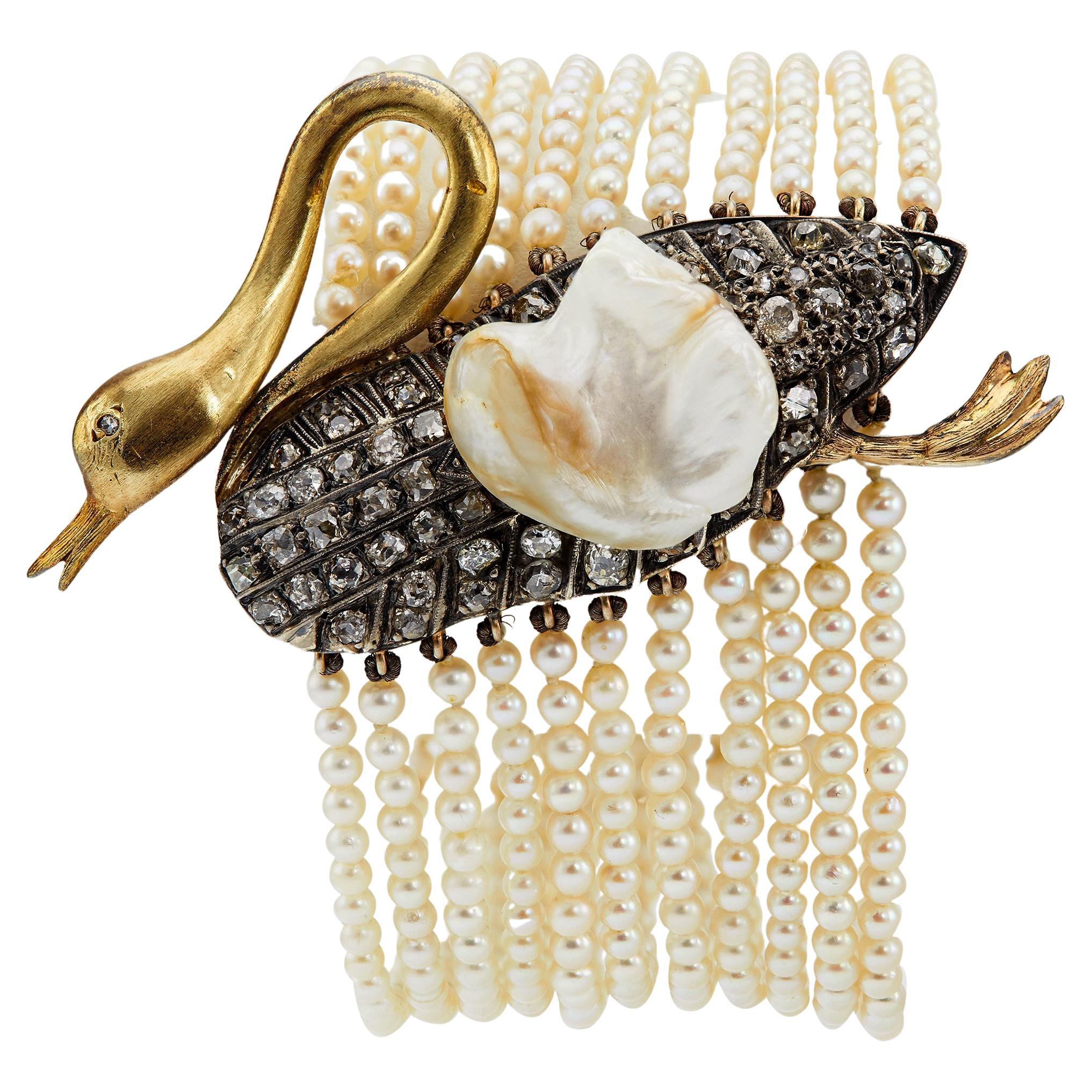 Victorian Pearl and Diamond 14k Yellow Gold Silver Swan Bracelet