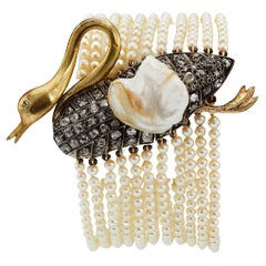 Victorian Pearl and Diamond 14k Yellow Gold Silver Swan Bracelet