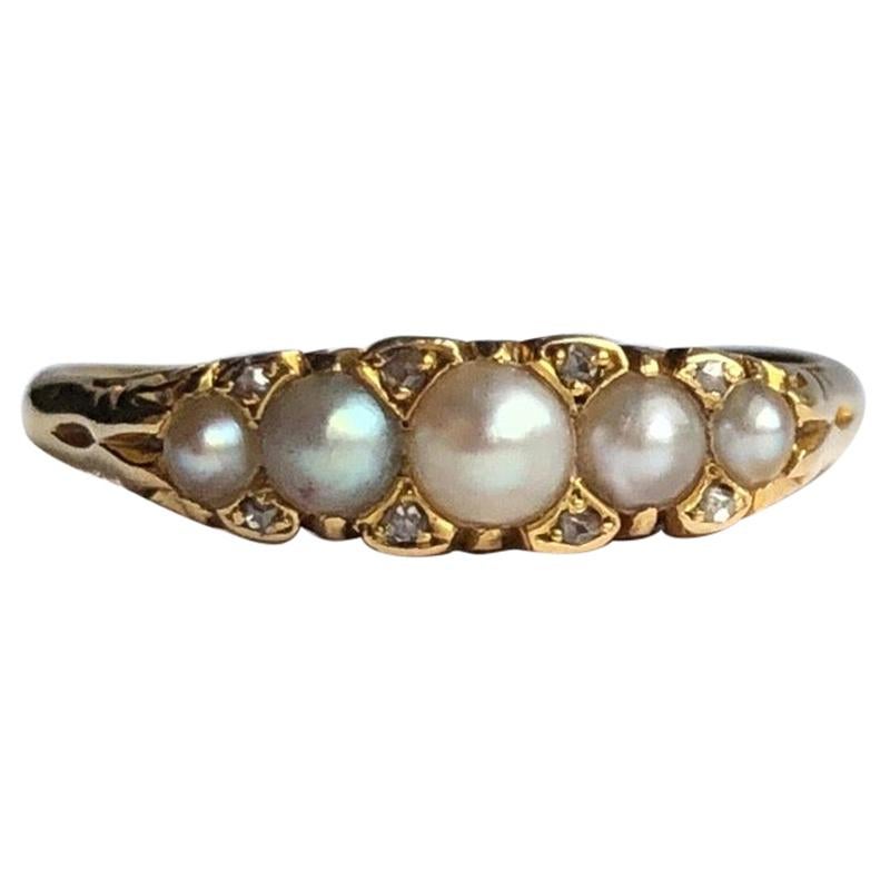 Victorian Pearl and Diamond 18 Carat Gold Five-Stone Ring