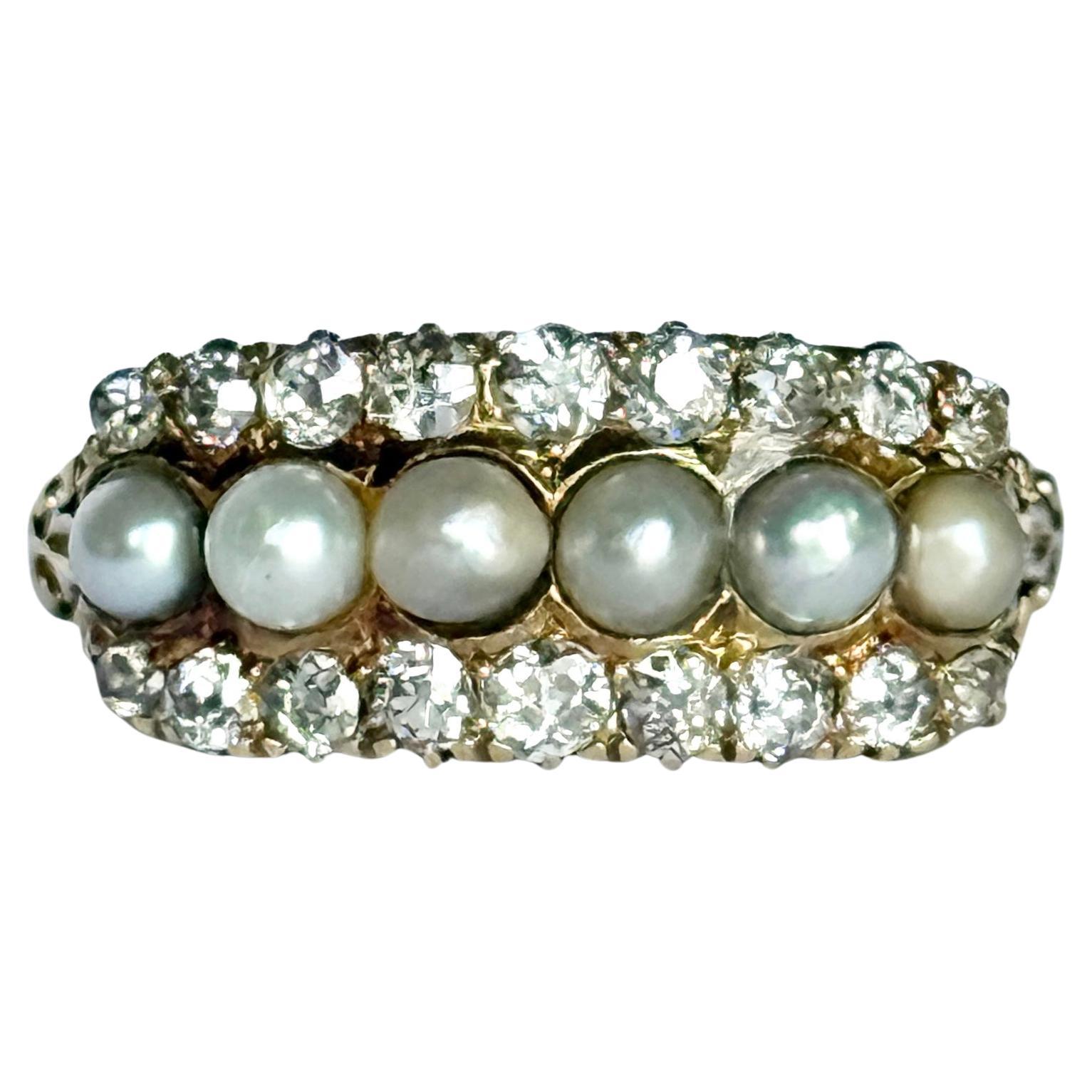 Bague victorienne à cinq pierres en or 18 carats, perle et diamant
