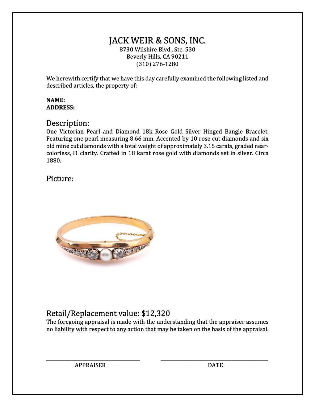 Armreif mit Scharnier, viktorianische Perle und Diamant 18k Roségold Silber im Angebot 1