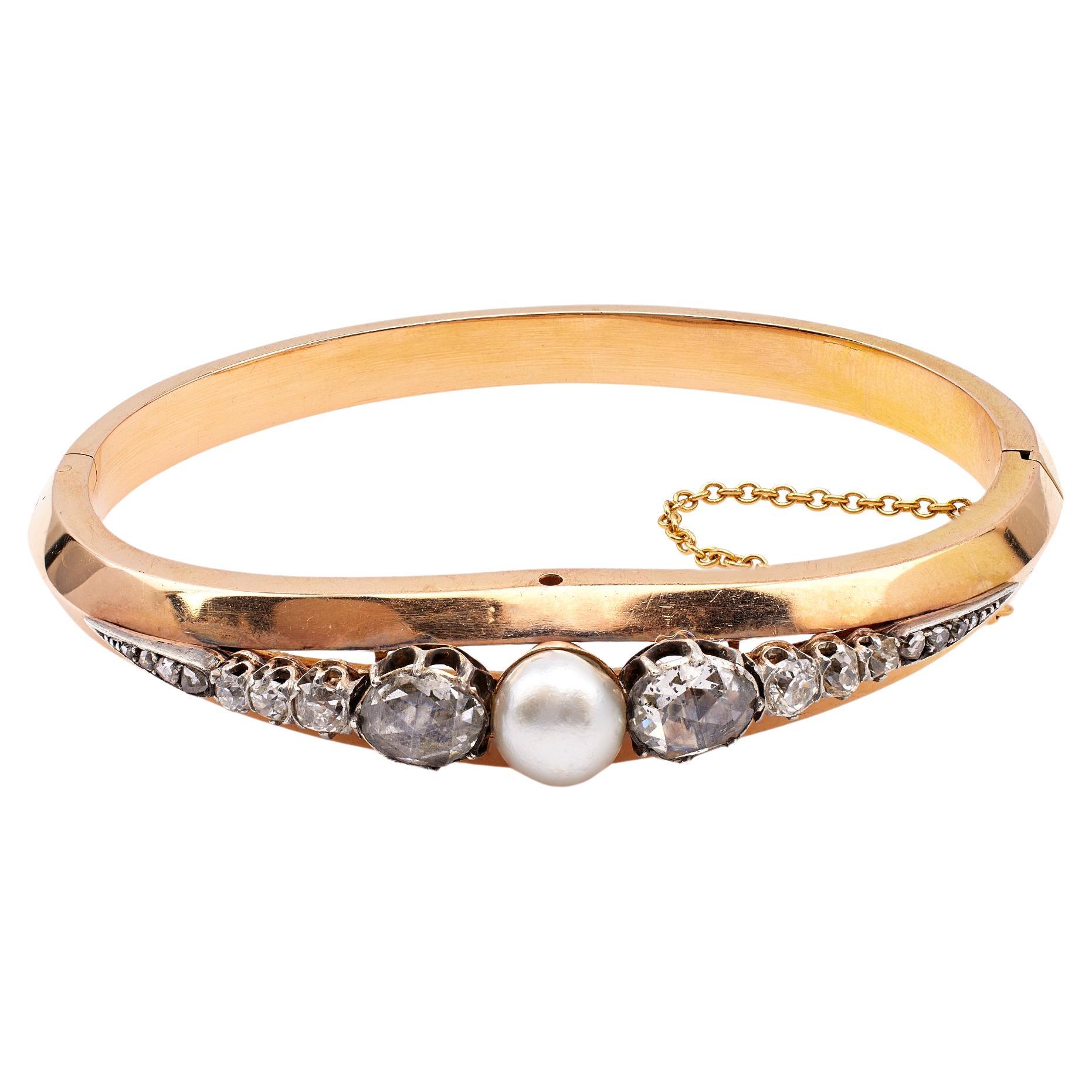 Victorian Pearl and Diamond 18k Rose Gold Silver Hinged Bangle Bracelet For Sale