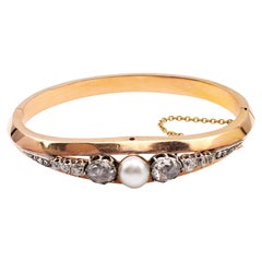 Bracciale vittoriano con perle e diamanti in oro rosa 18k e argento con cerniera