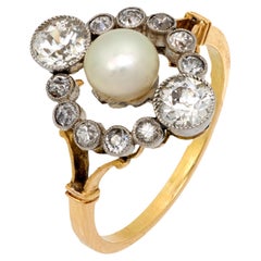 Victorian pearl and diamond 18k yellow gold and platinum navette ring