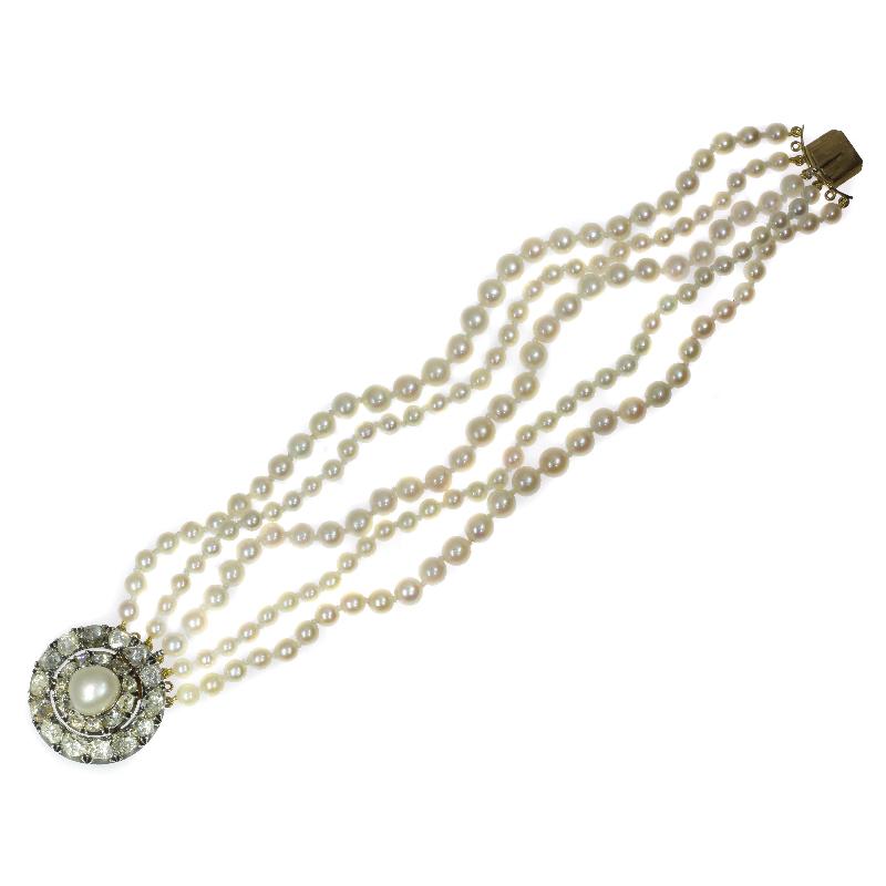 Victorian Antique 5-string Pearl Bracelet with Rose Cut Diamond Closure and Real Big Pearl For Sale