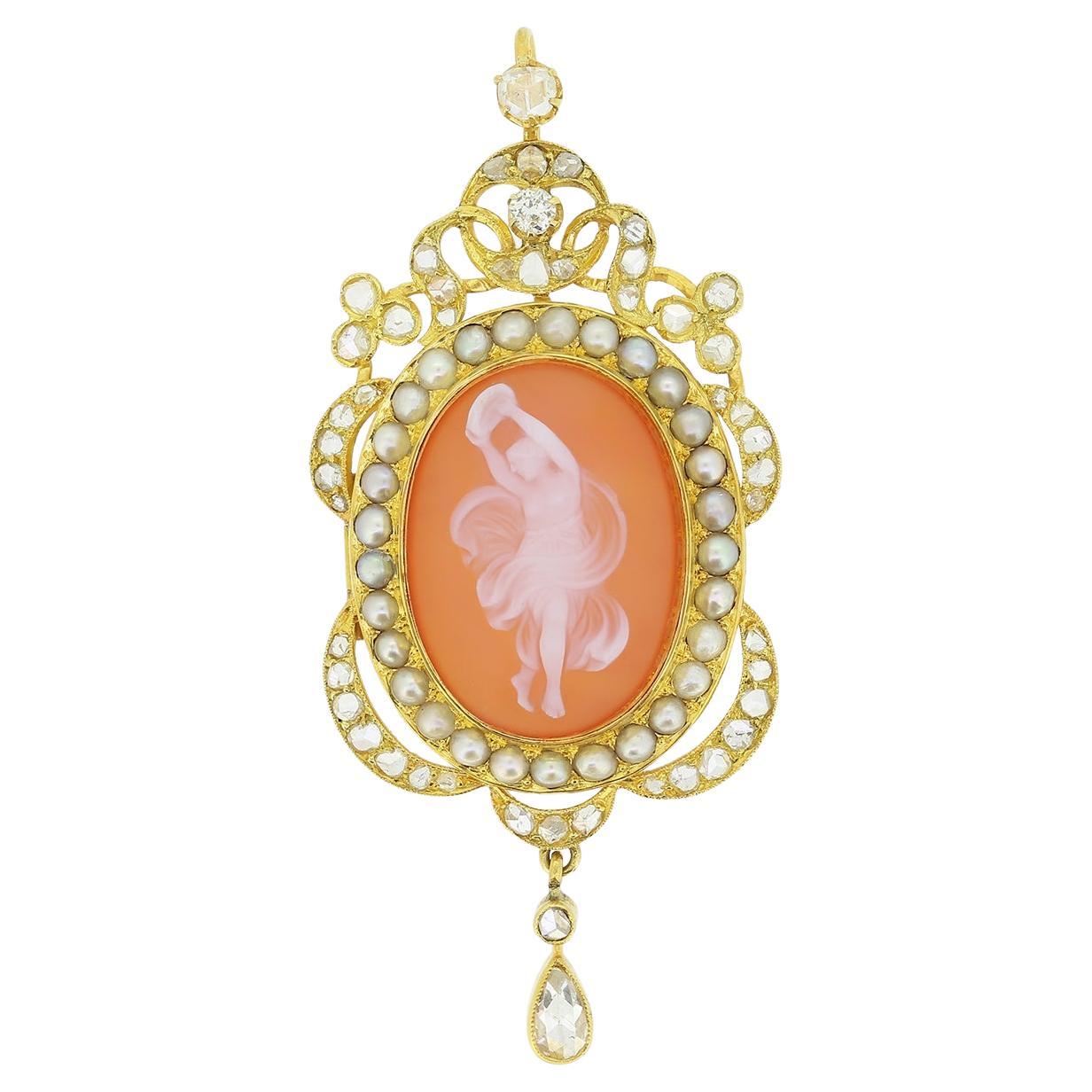 Victorian Pearl and Diamond Cameo Pendant