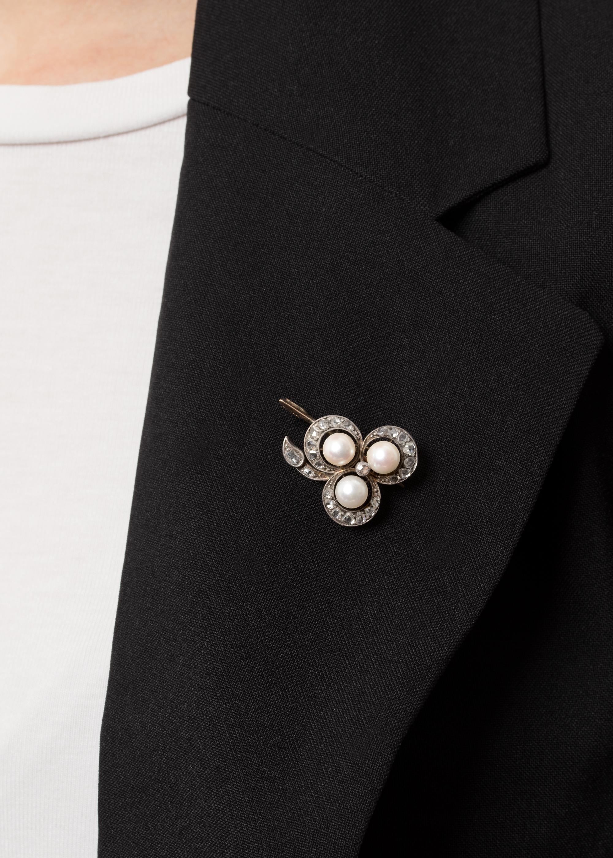 Rose Cut Victorian Pearl and Diamond Clover Brooch, c.1880s For Sale
