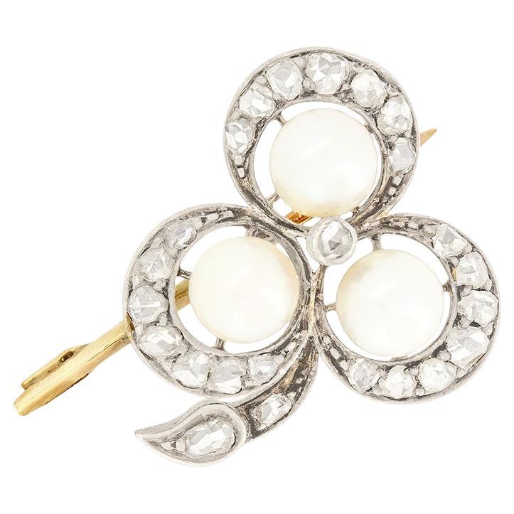 Victorian Pearl and Diamond Clover Brooch, c.1880s